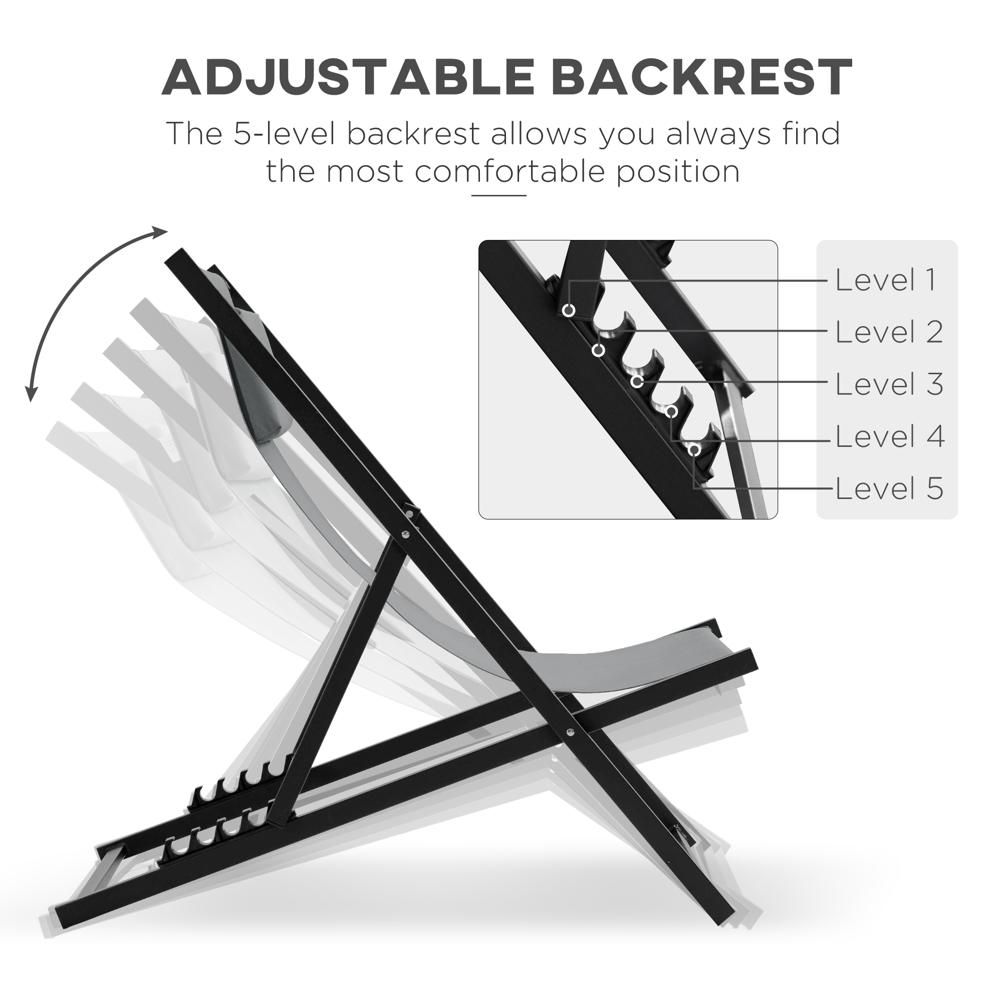  Set 2 Scaune Fotoliu Sezlong pentru Exterior, Pliabile si Rabatabile, din Aluminiu, Gri, 96.5 x 58 x 91.5cm [4]