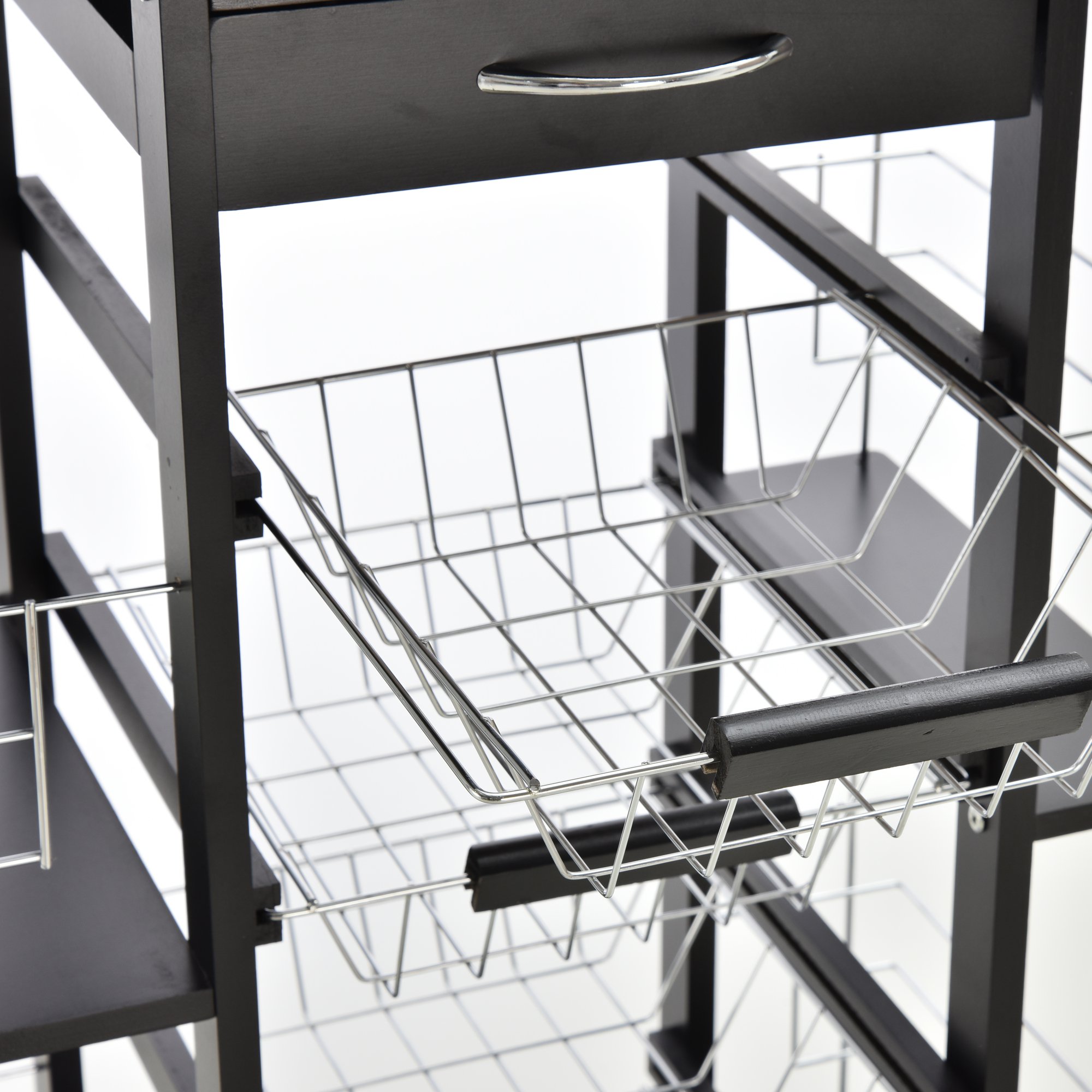  Carucior de Bucatarie cu Sertar, 4 Cosuri de Fructe Detasabile si Blat de Ceramica, 57x37x83 cm, Negru [7]