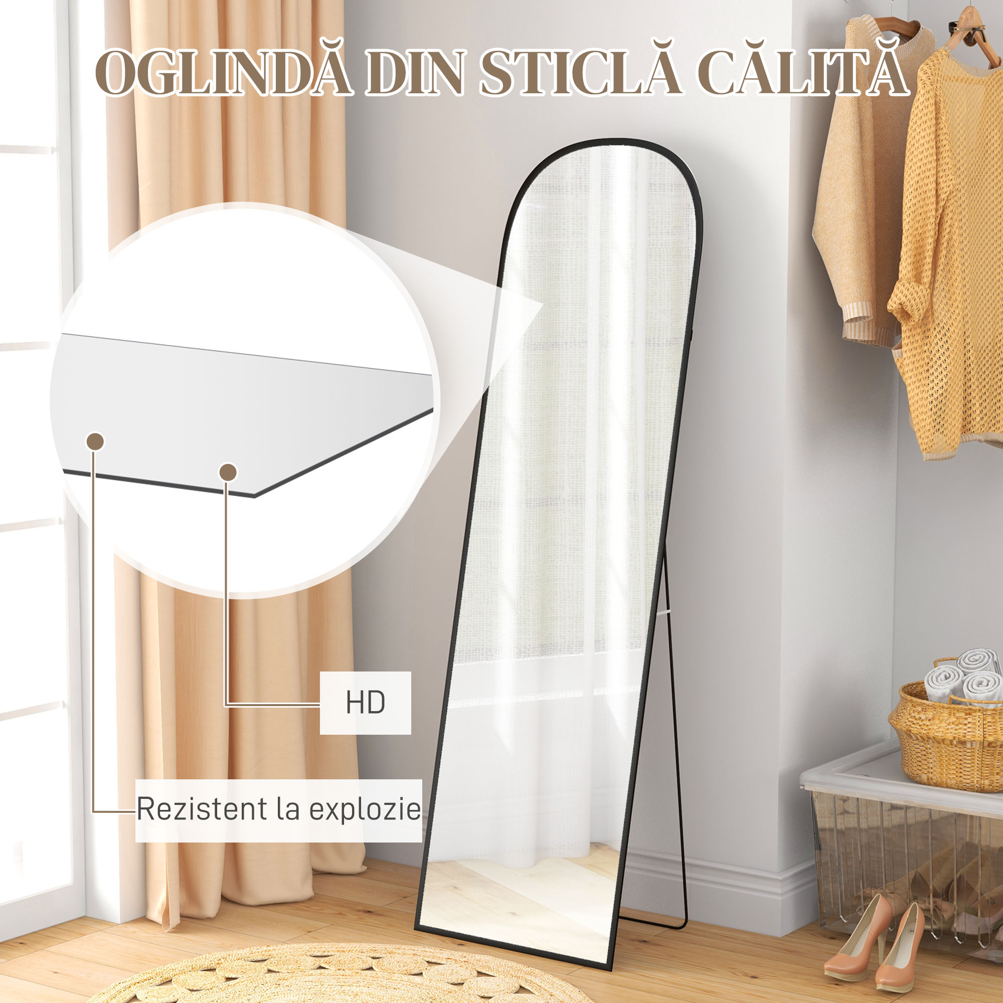  Oglinda de podea si perete moderna din aliaj de aluminiu cu suport pliabil, 50x170 cm, negru [4]