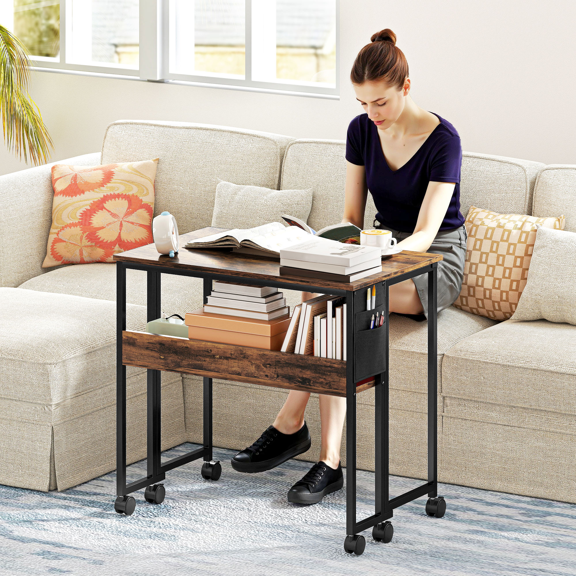  Birou Pliabil cu Raft Deschis si Buzunar Lateral, din Lemn si Otel, 80x50x75 cm, Maro si Negru [1]