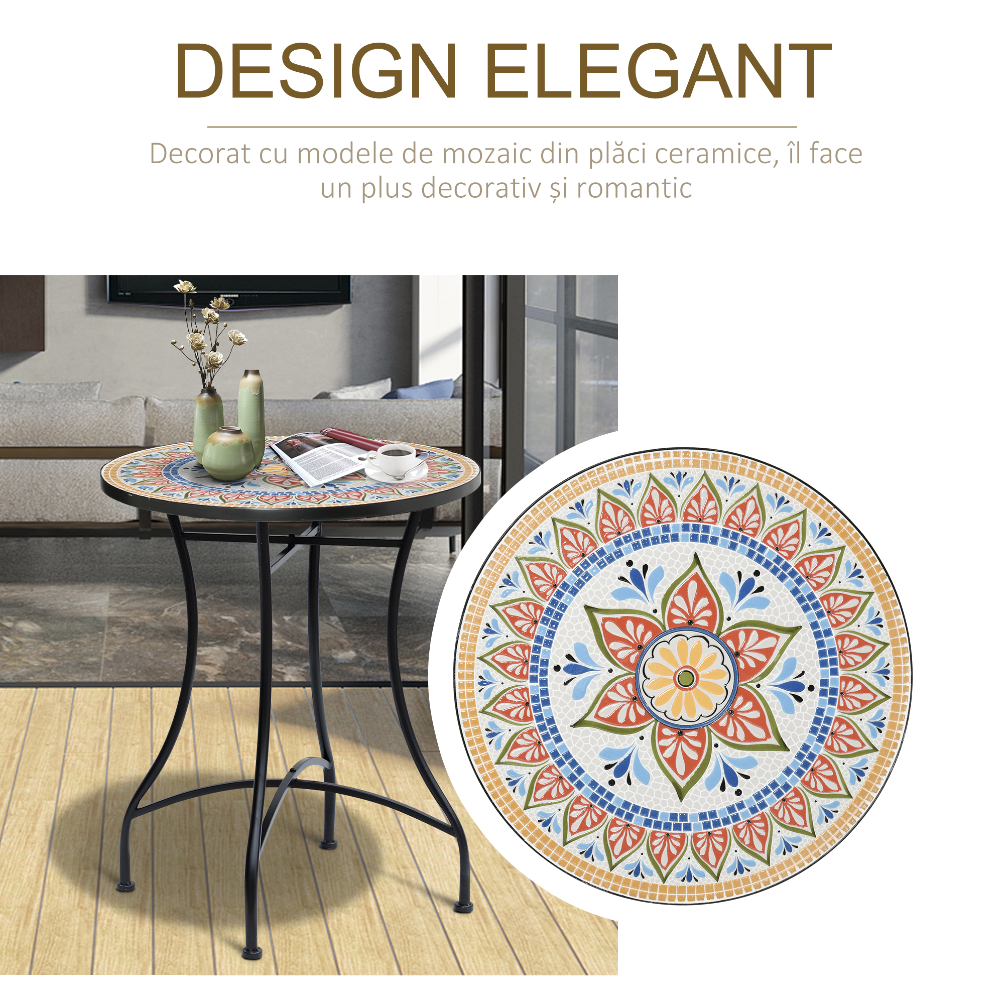  Masa Rotunda Stil Bistro de 60 cm cu Mozaic pentru Gradina, Veranda, Exterior, Balcon, Gri [5]