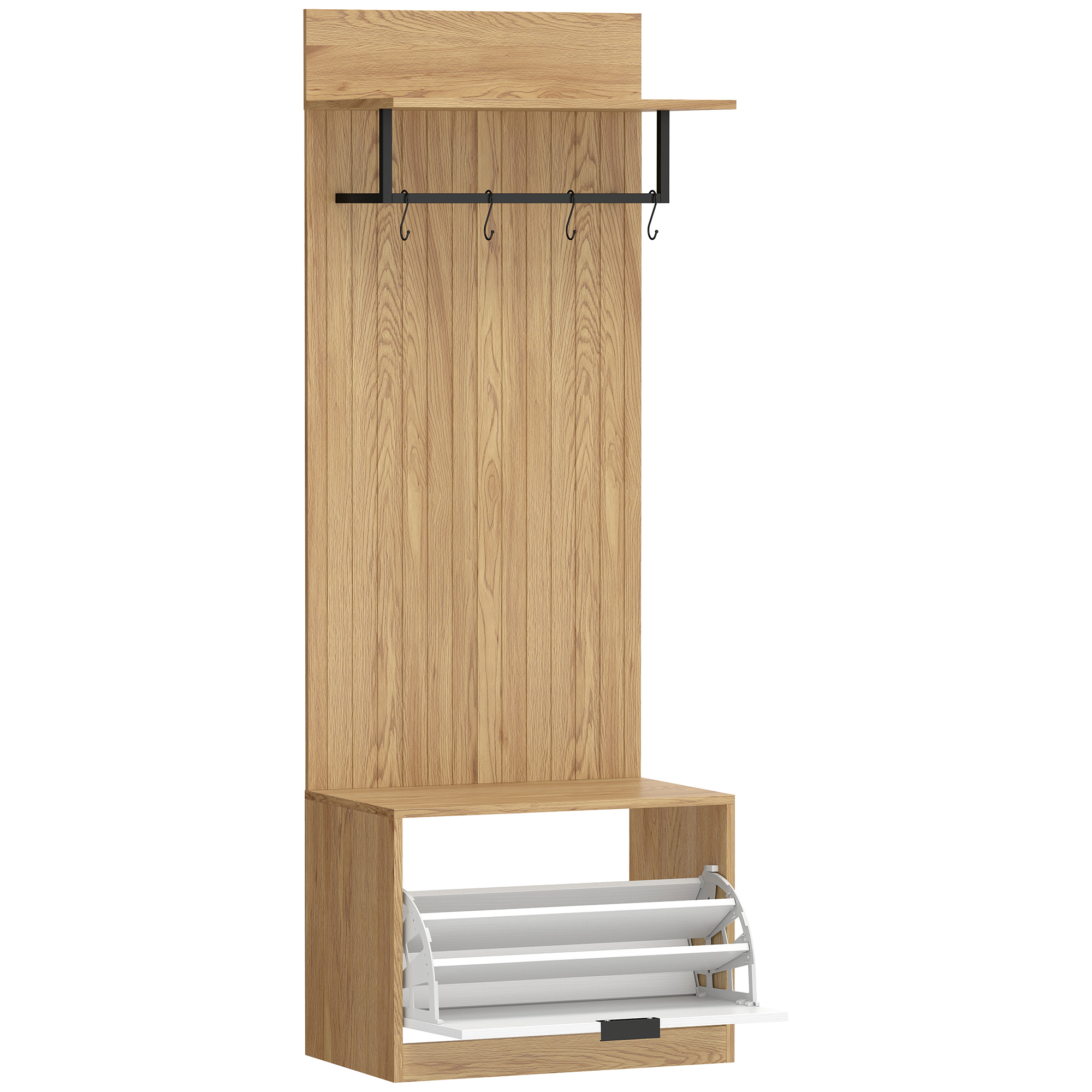 Living & hol -  Cuier de Hol cu Pantofar Rabatabil, Cuier cu Banca, 4 Carlige si Rafturi pentru Pantofi, Organizator Modern pentru Hol si Coridor, Stejar si Alb