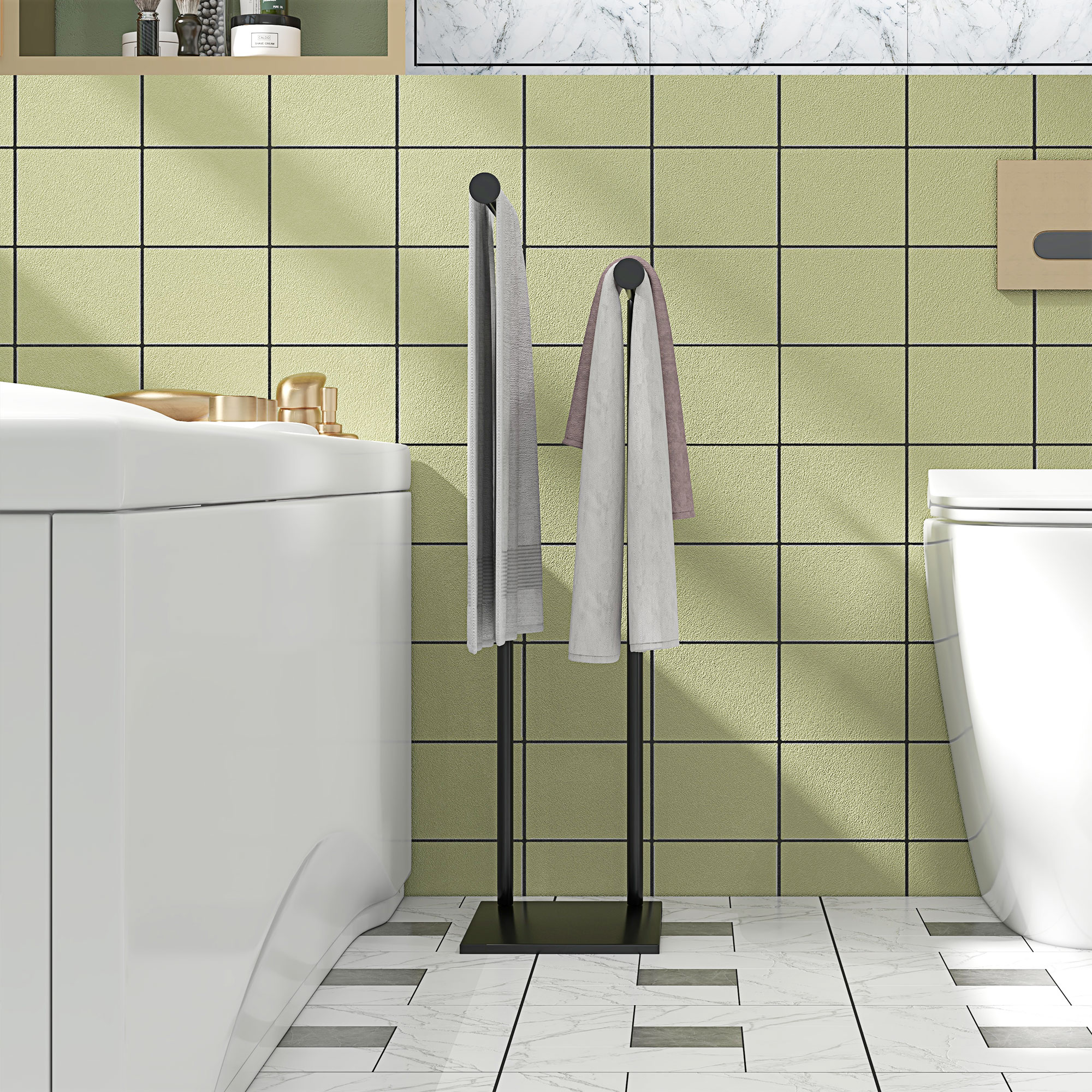  Suport prosoape de baie autoportant cu 2 brate din metal, 35.5x20x78 cm, negru [7]