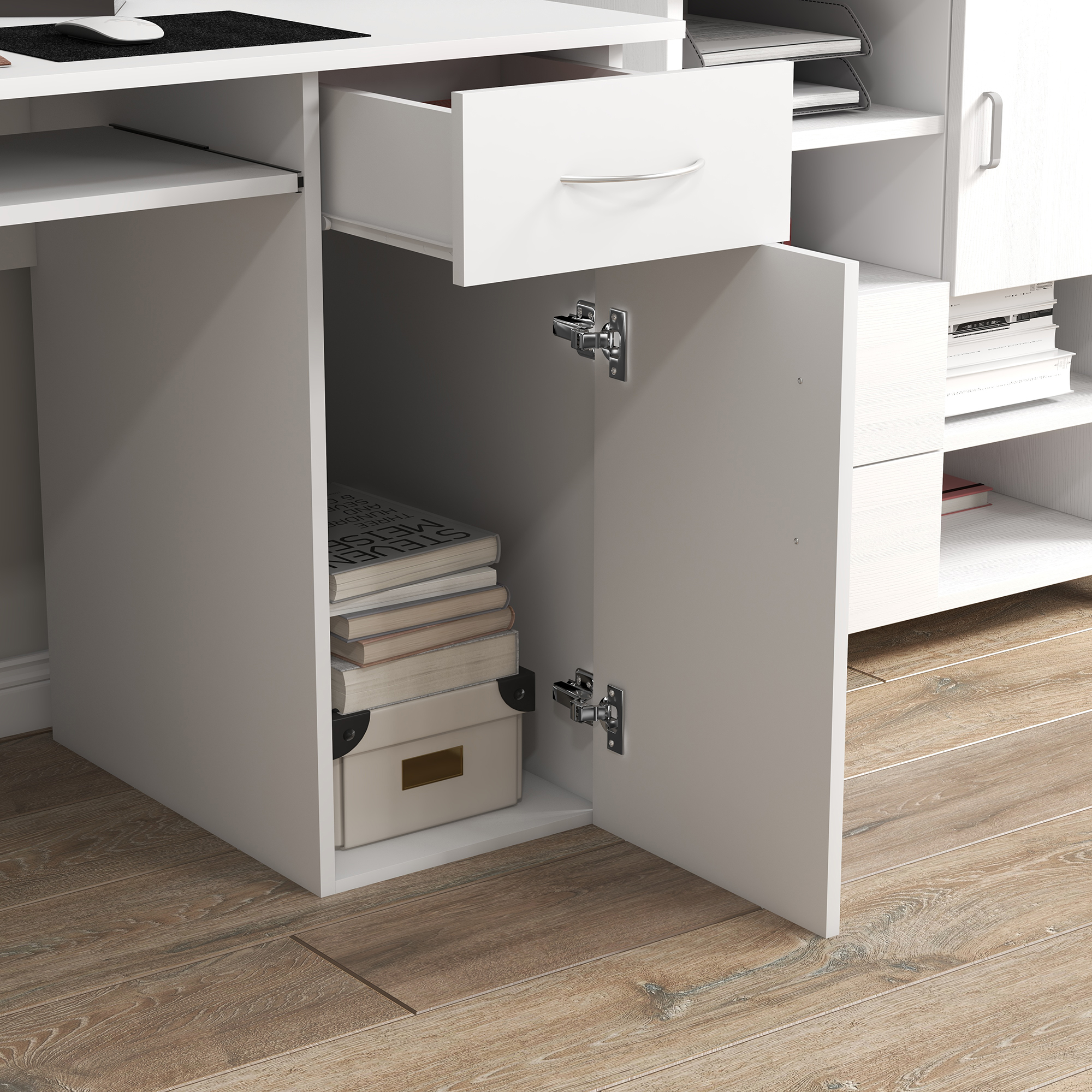  Birou PC Ergonomic - Alb, Cu Rafturi & Blat Tastatura [8]