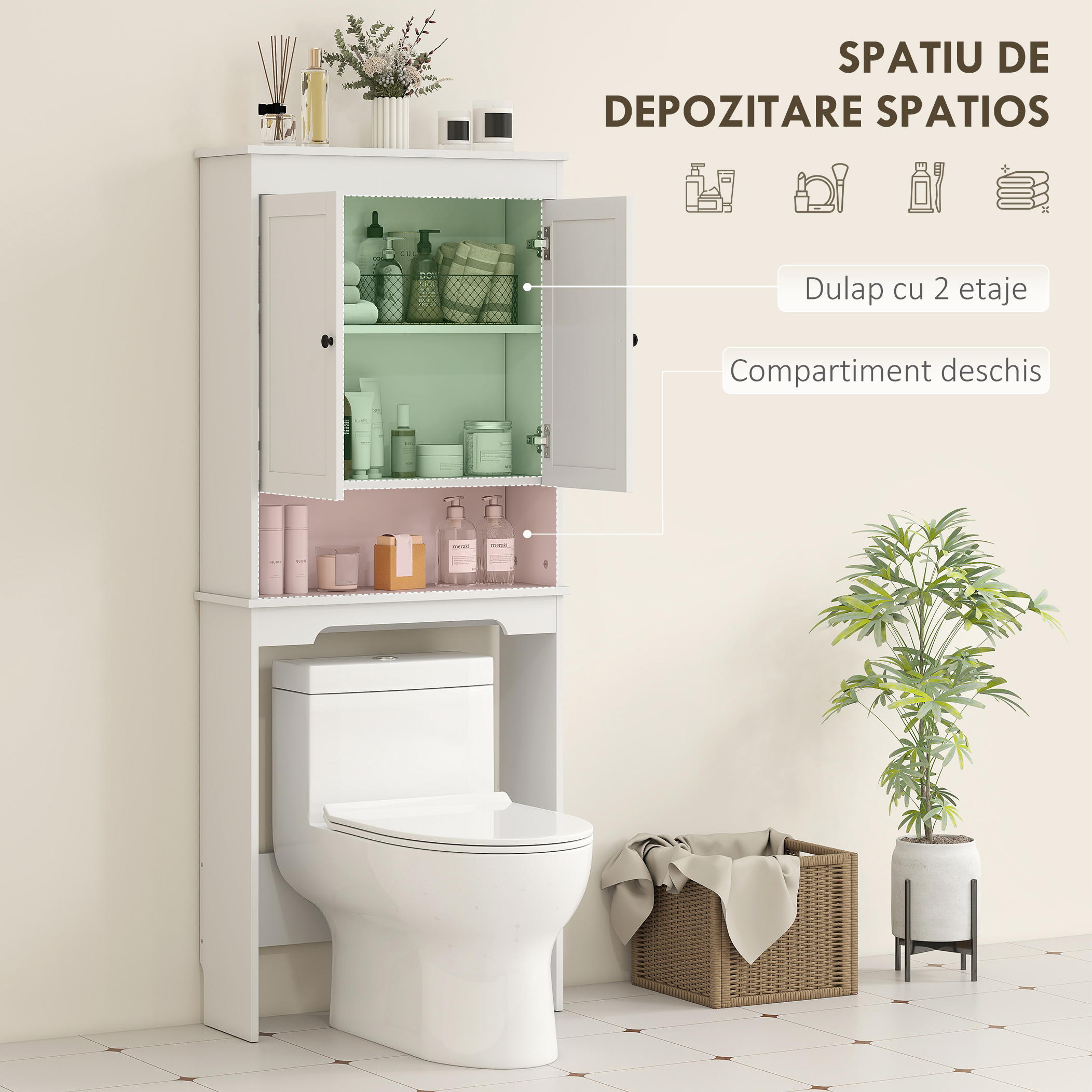  Dulap Peste WC cu 2 Rafturi inchise si Raft Deschis, Alb [3]