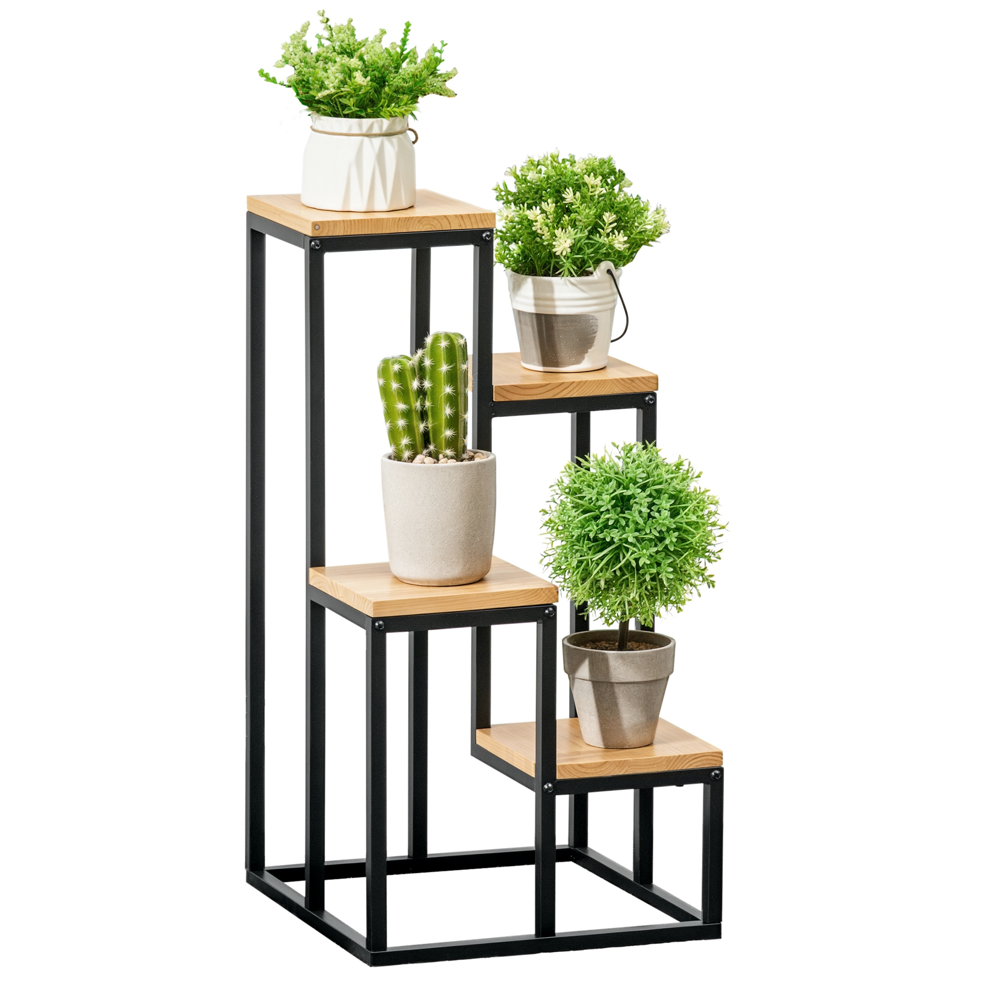 Living & hol -  Raft pentru Plante cu 4 niveluri din Metal si Lemn de Brad pentru Interior si Exterior, 34x34x66 cm, Natural