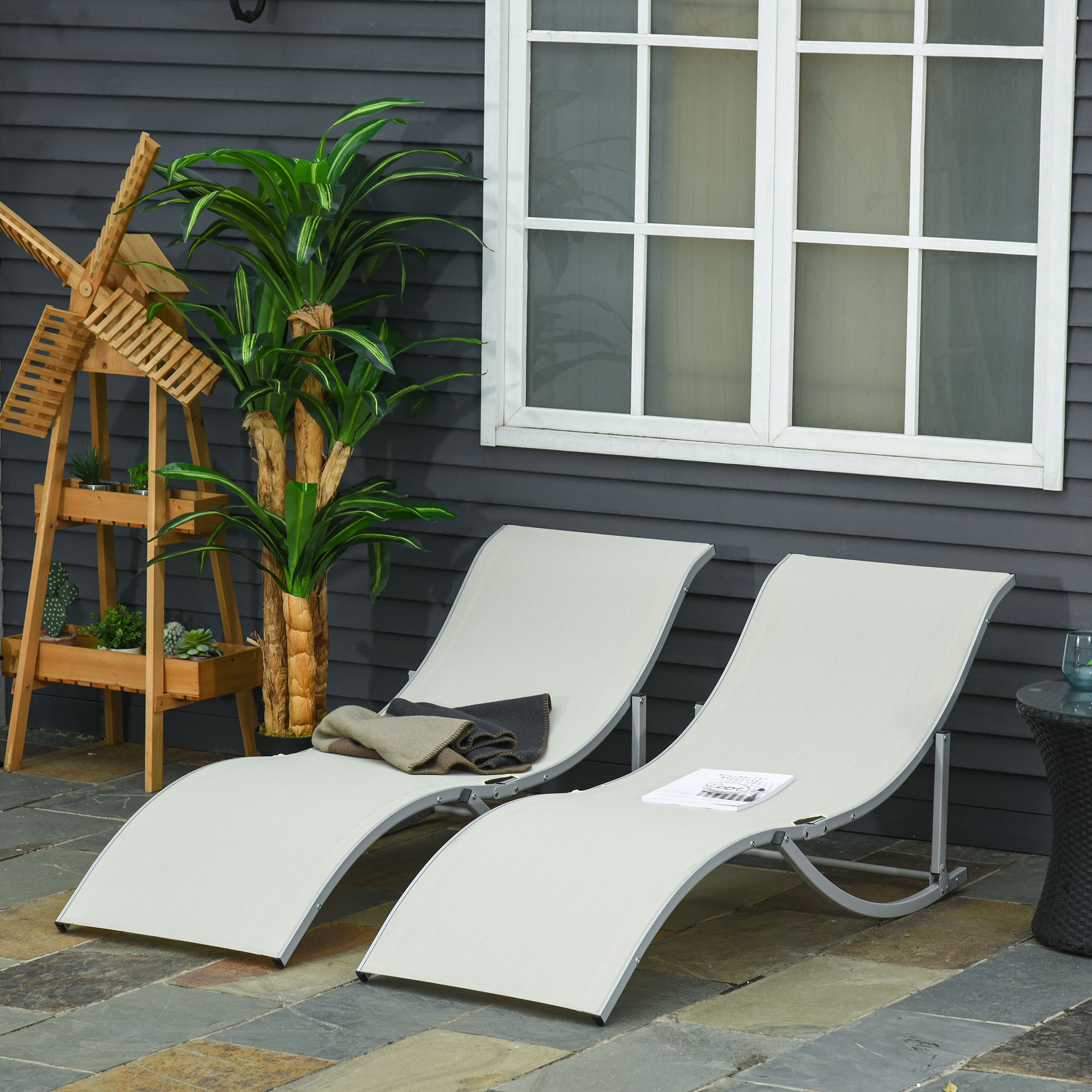  Set de 2 Sezlonguri de Gradina Pliabile din Aluminiu si Textilen Bej [1]