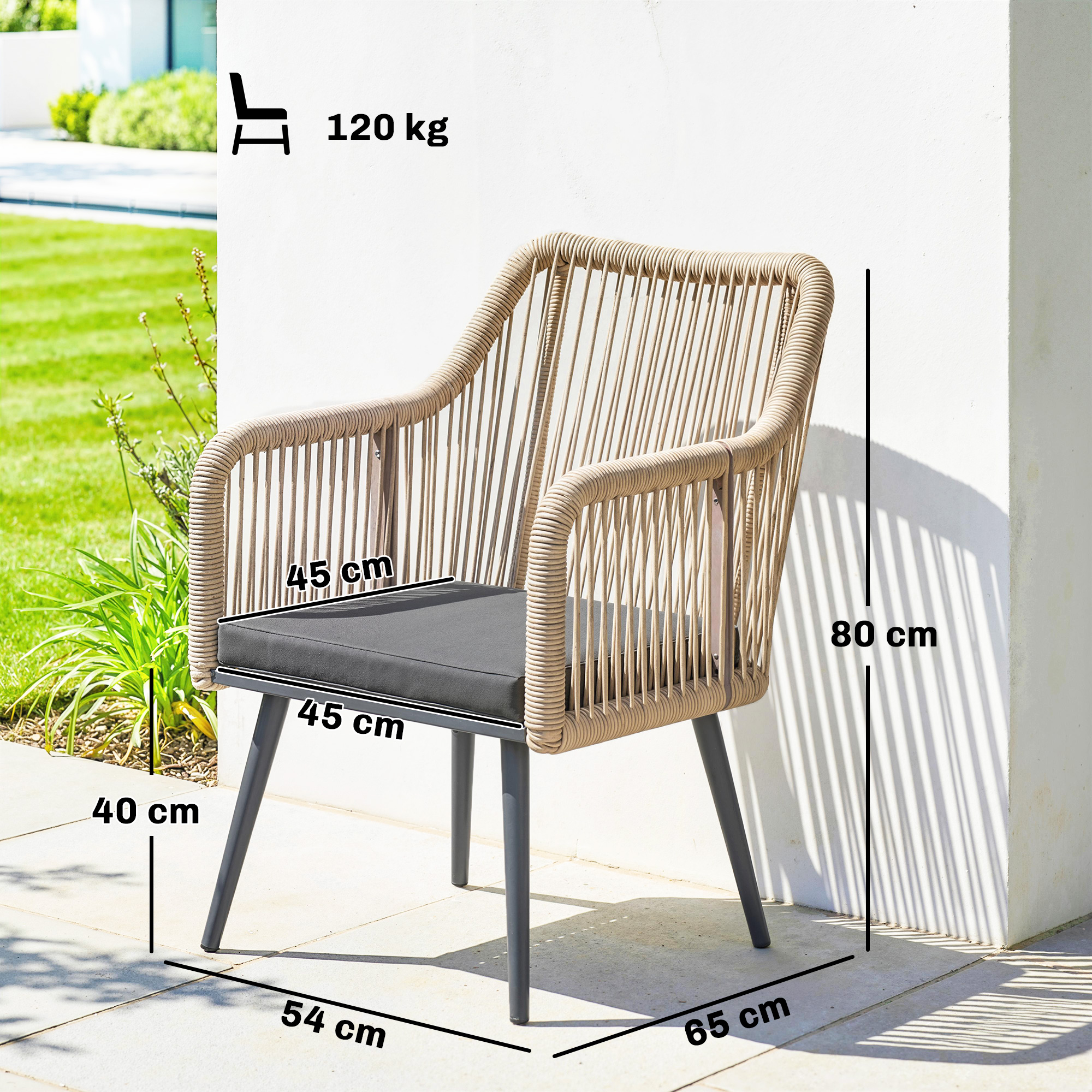  Set 2 Scaune de Gradina din Ratan PE cu Perne Moi Lavabile si Brate, Scaune pentru Dining Exterior din Otel, pentru Terasa, Balcon, Gradina, Exterior, 54x65x80cm, Gri inchis [2]