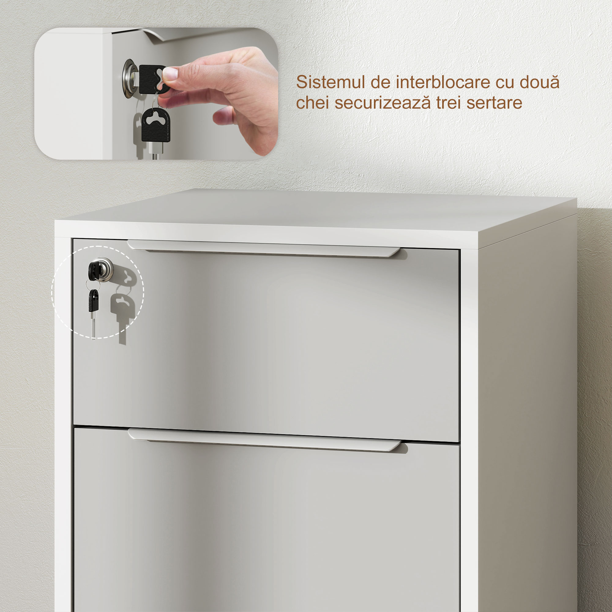  Schedario per Ufficio a 3 Cassetti con Chiavi di Sicurezza e 4 Ruote, in Legno, 40x40x63.5 cm, Bianco e Grigio [7]