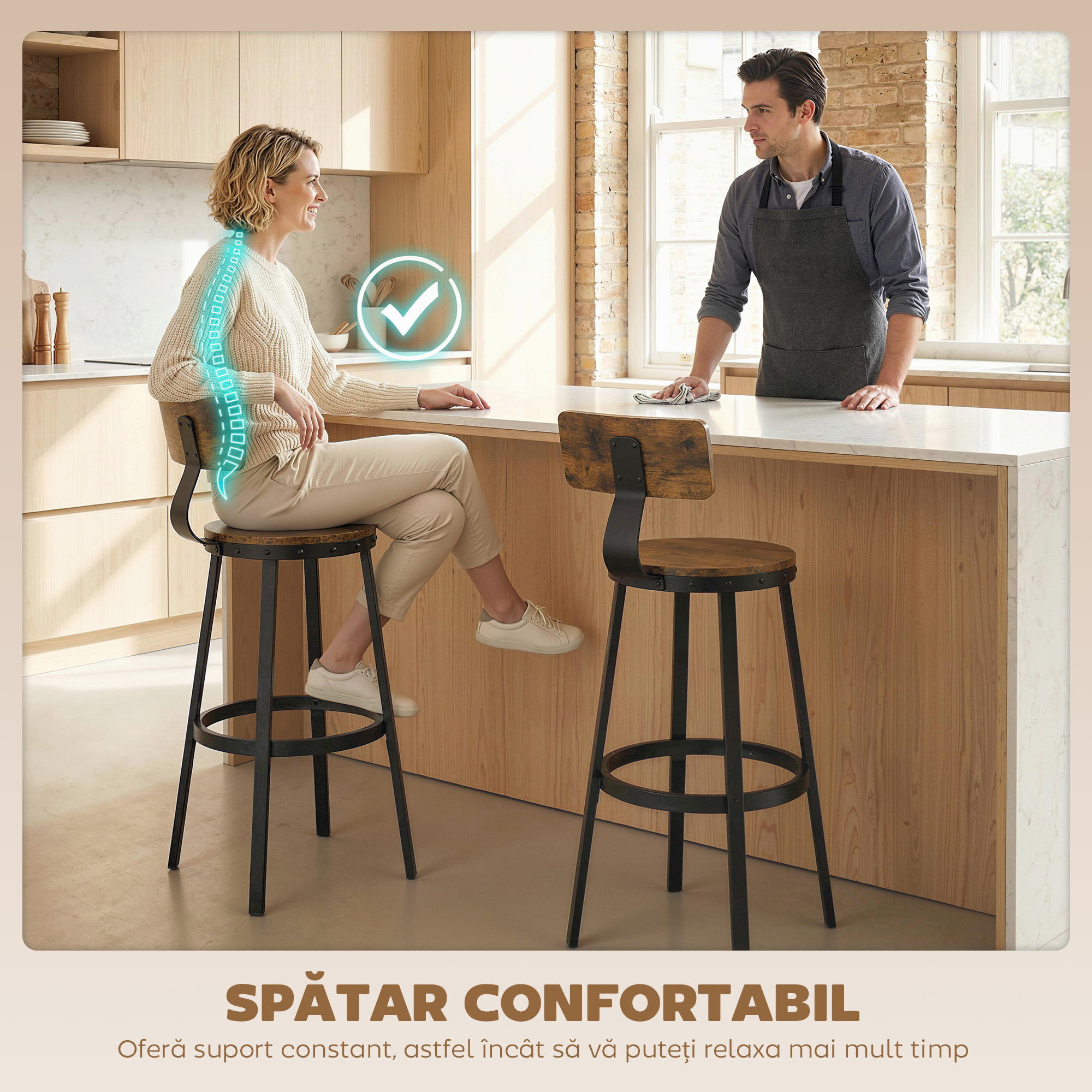  Set 2 Scaune de Bar, sezuturi Rustice cu Spatar si Suport pentru Picioare, Maro Rustic [3]