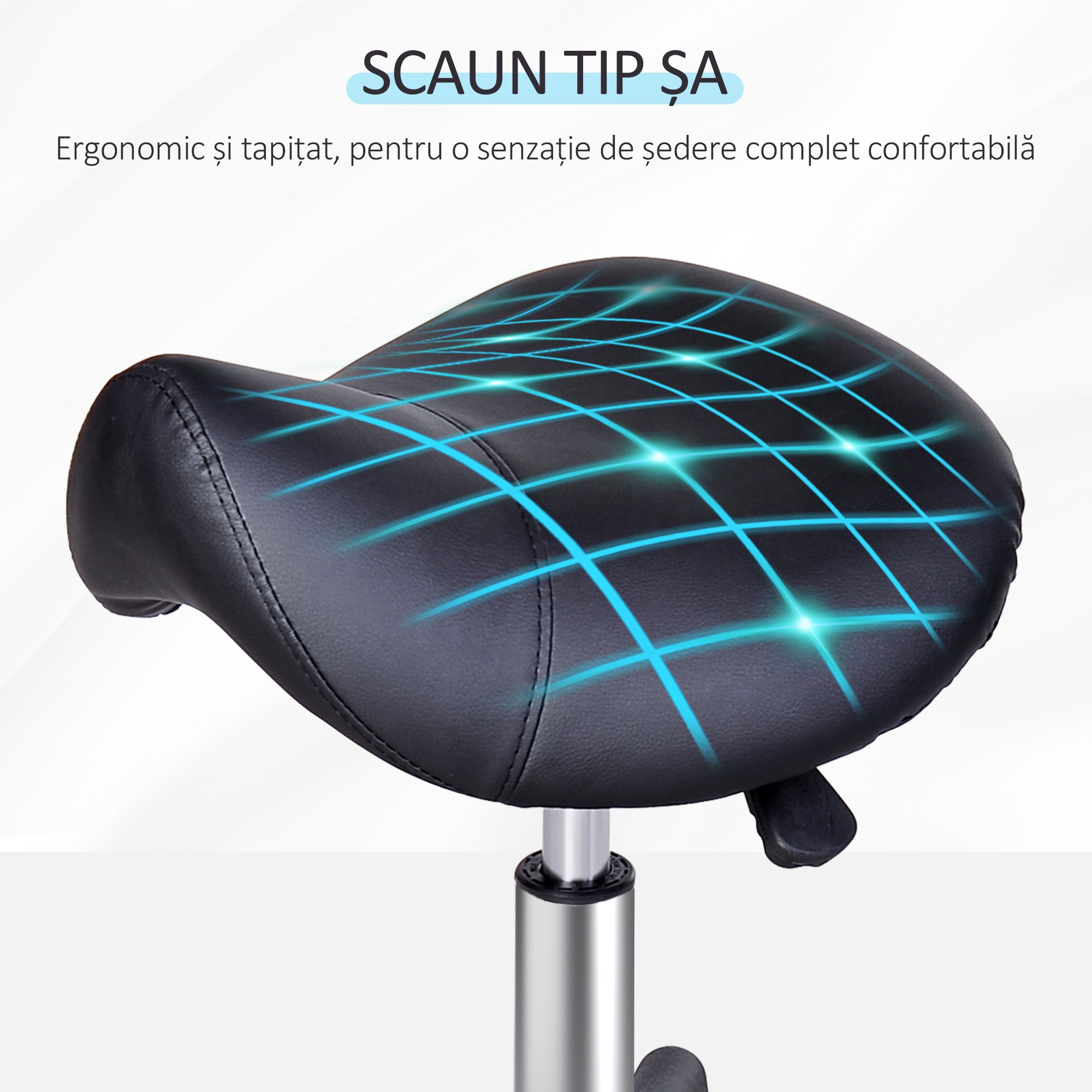  Scaun Rotativ cu Roti, Scaun pentru Coafor si Estetician cu inaltime Ajustabila, Tapitat cu Piele Ecologica, 35x38x43-55 cm, Negru [5]