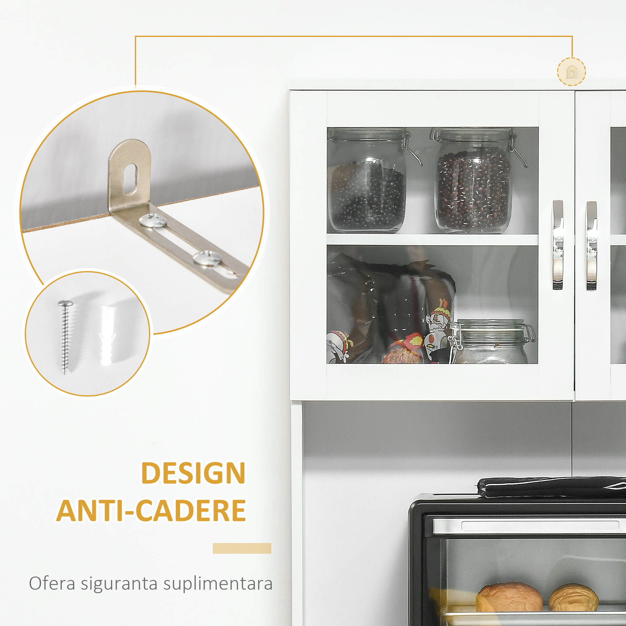  Bufet inalt de Bucatarie cu Raft pentru Cuptor, Sertar, Usi de Sticla si Rafturi Reglabile, 80x48x170 cm, Alb [5]