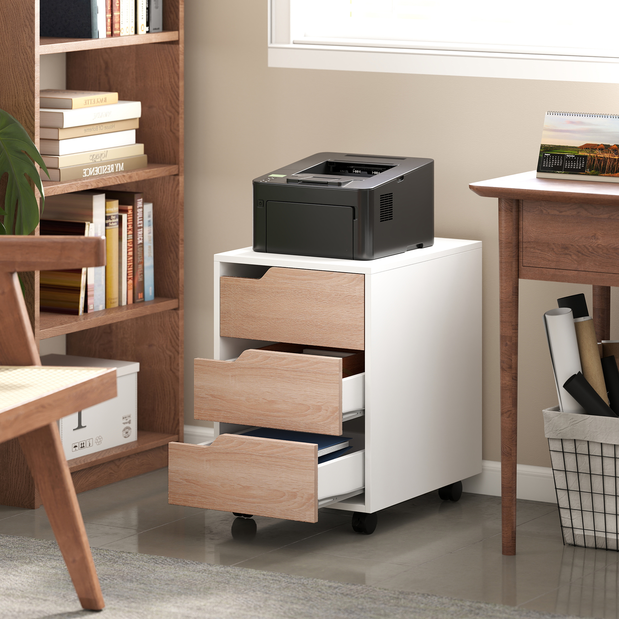  Comoda Birou - 3 Sertare, Roti, Alb si Lemn [1]