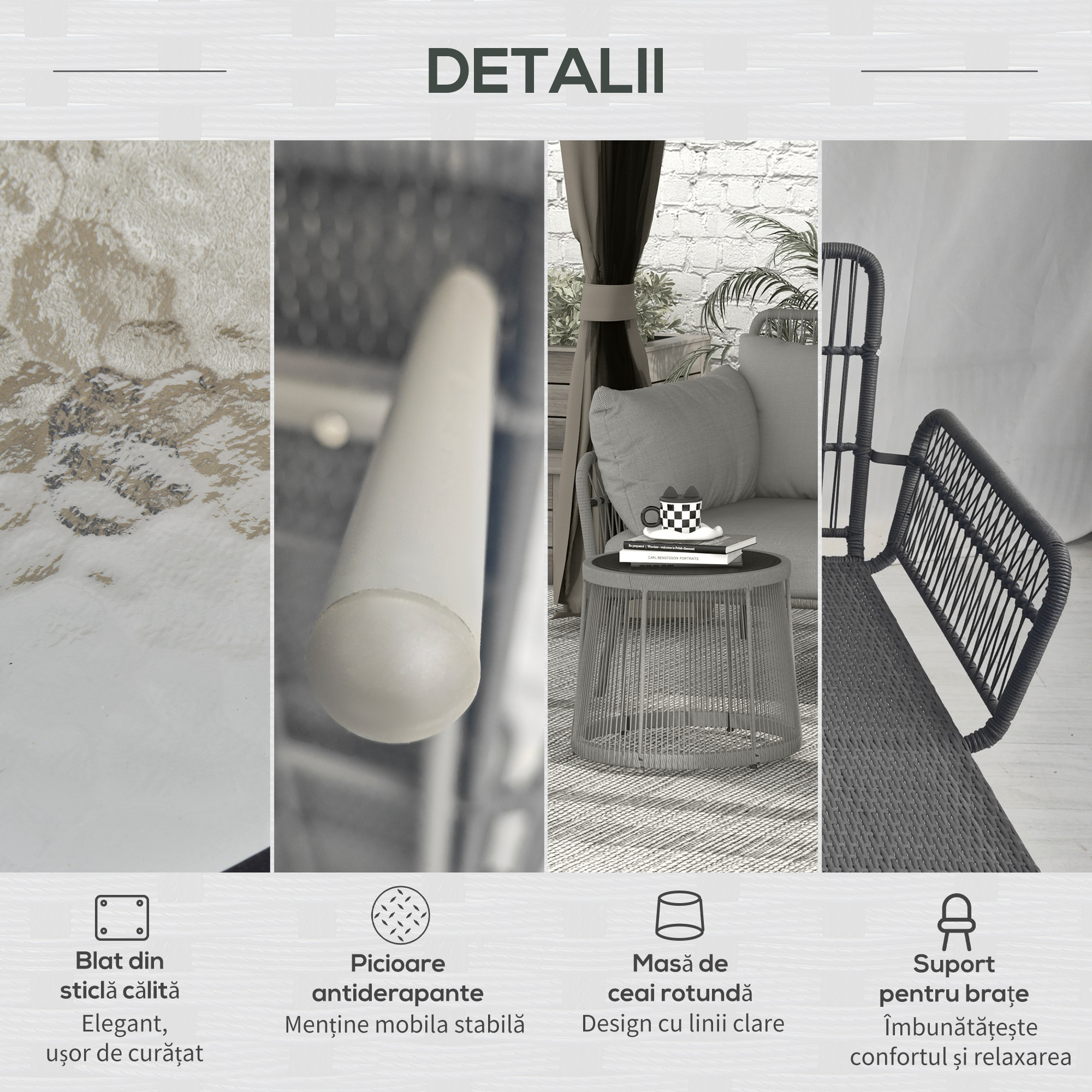  Set Mobilier de Gradina din 3 Piese cu Canapea, Şezlong cu Perne şi Masuţa, 125x77x82 cm, Gri Deschis [5]