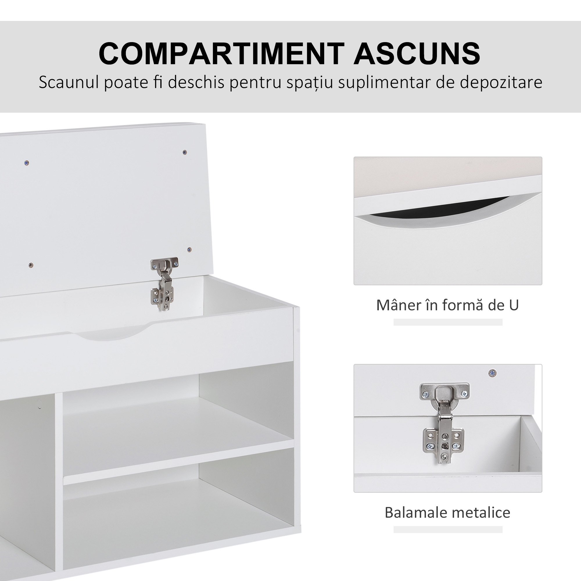  Banca Pantofi Alba 80×30×47 cm - Cu Sertar & sezut Rabatabil [3]