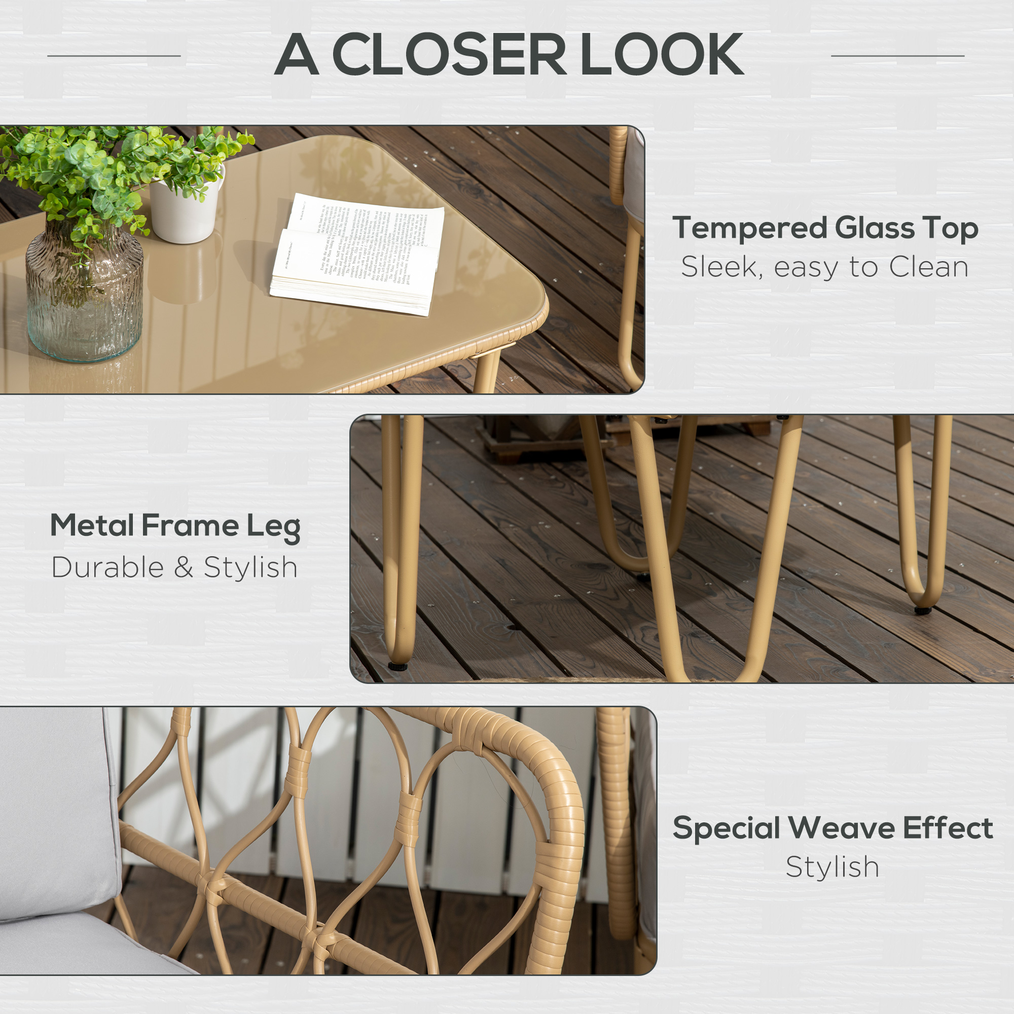  Set canapea din ratan PE din 4 piese, Seturi de mobilier de conversatie pentru gradina impletite, cu impletitura rotunda, cu perne groase capitonate si masuta cu sticla pentru balcon [5]