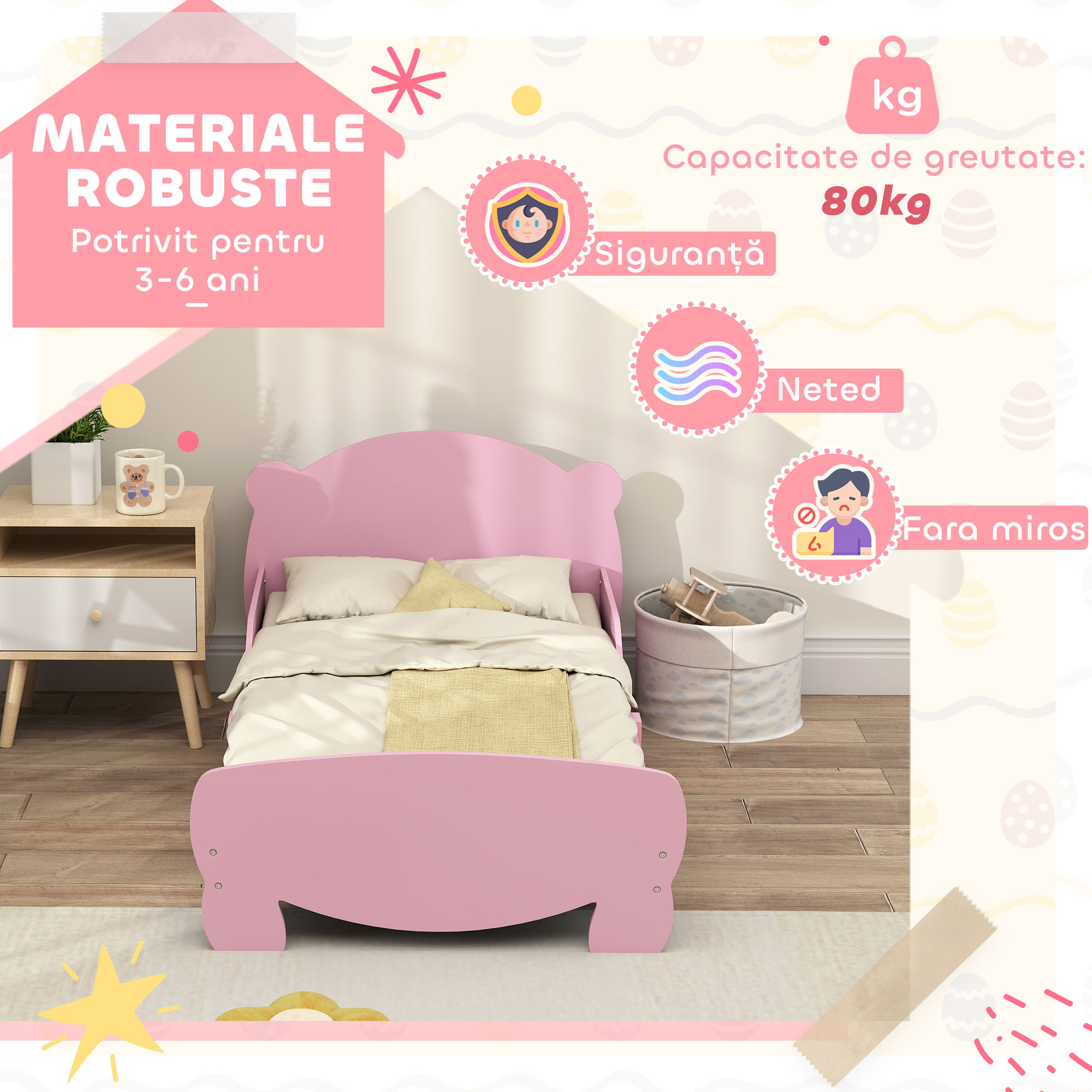  Patut pentru Copii cu Tablie si Capat in Forma de Ursulet si 2 Bare Laterale, Roz [4]