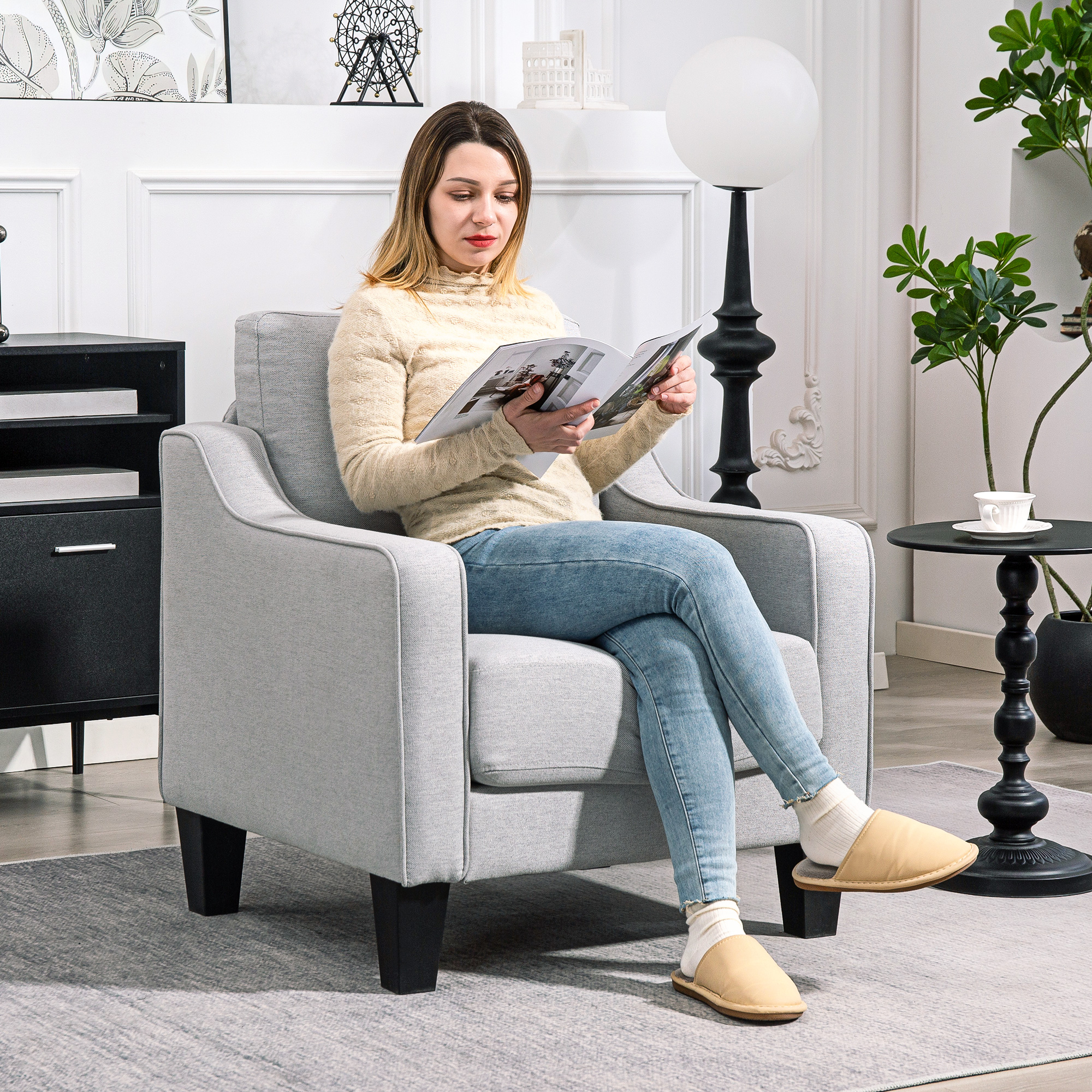  Fotoliu Modern in Material Textil cu Captuseala Groasa si Arcuri impachetate, 77x77x86 cm, Gri [1]