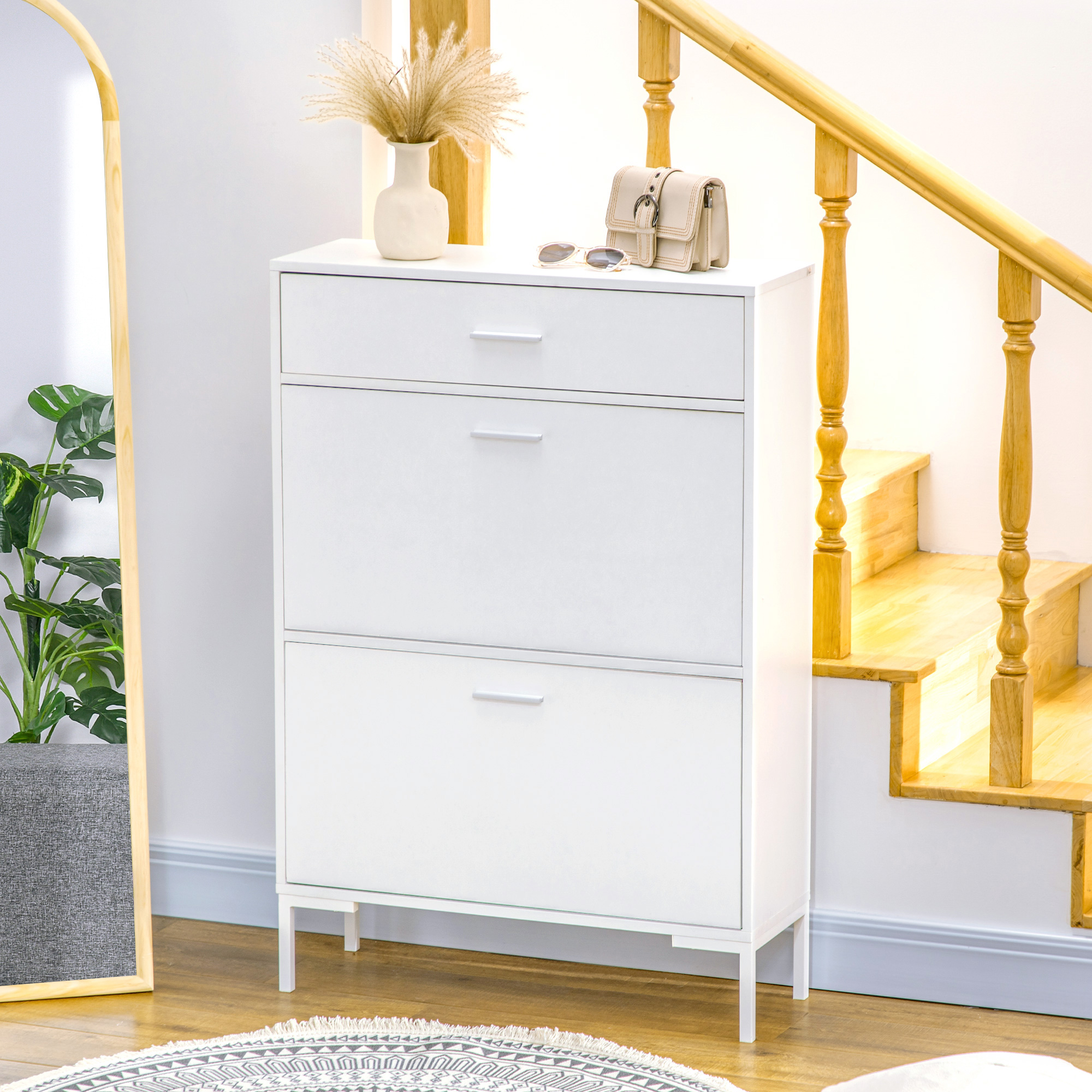  Dulap modern pentru pantofi, 12 perechi de pantofi cu 2 usi si sertar, din PAL, MDF si metal, 75x26x110 cm, alb [1]