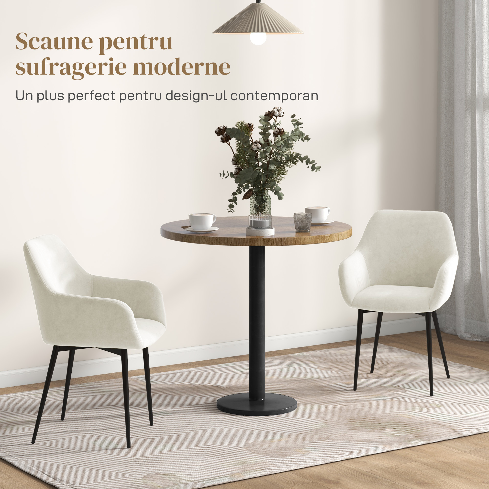  Set 2 Scaune de Dining Tapitate in Stil Nordic cu Brate si Picioare din Otel, 54x57x80 cm, Alb Crem [3]