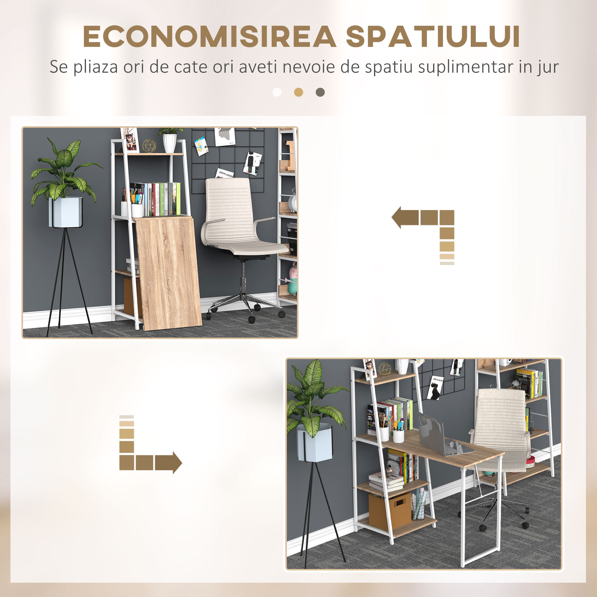  Birou Biblioteca 4 Rafturi Blat Mare Pliabil Lemn Metal Alb Stejar [3]