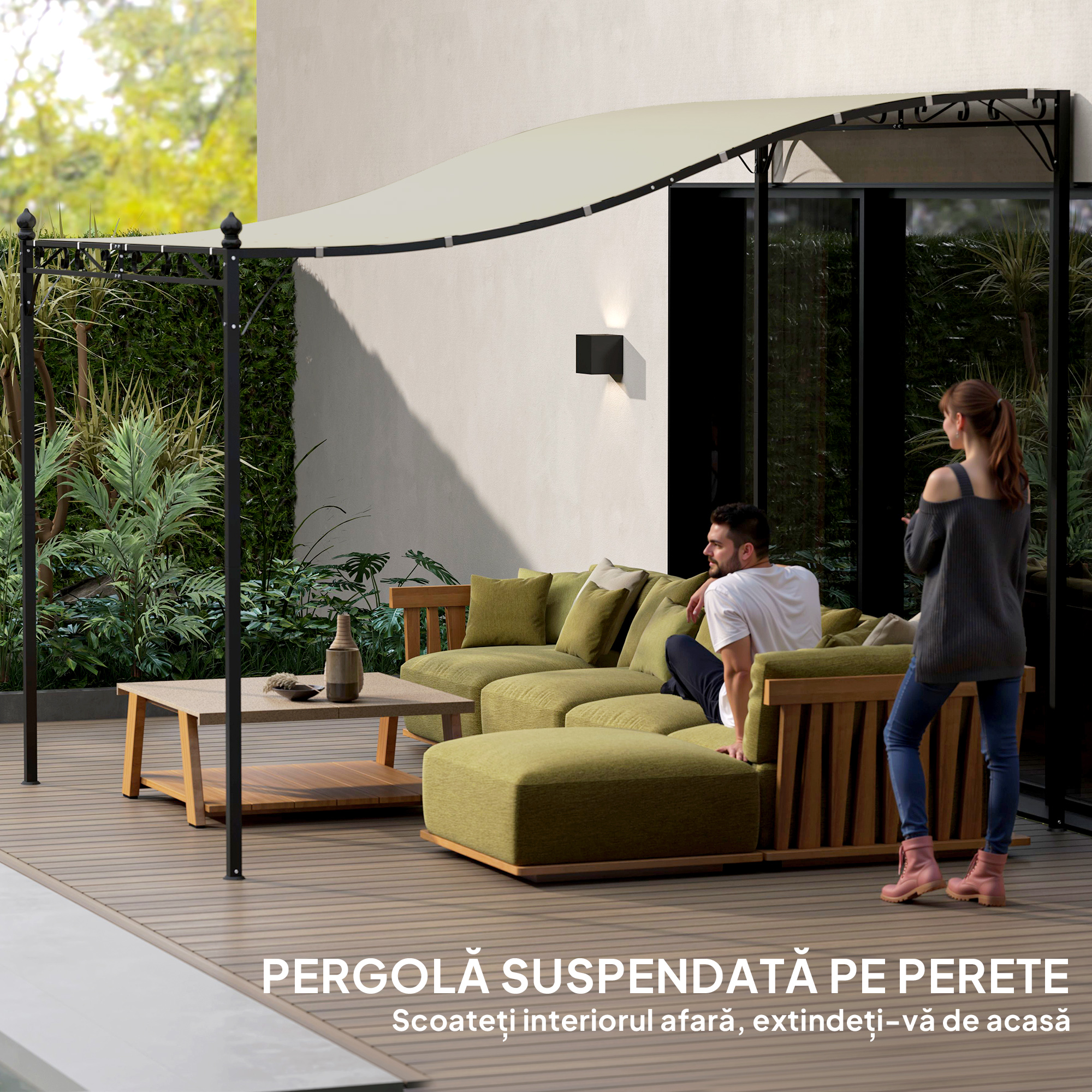 Pergola  Adosata Curbata cu 16 Orificii de Drenaj, din Metal si Poliester, 248x298x200/250 cm, Crem [5]