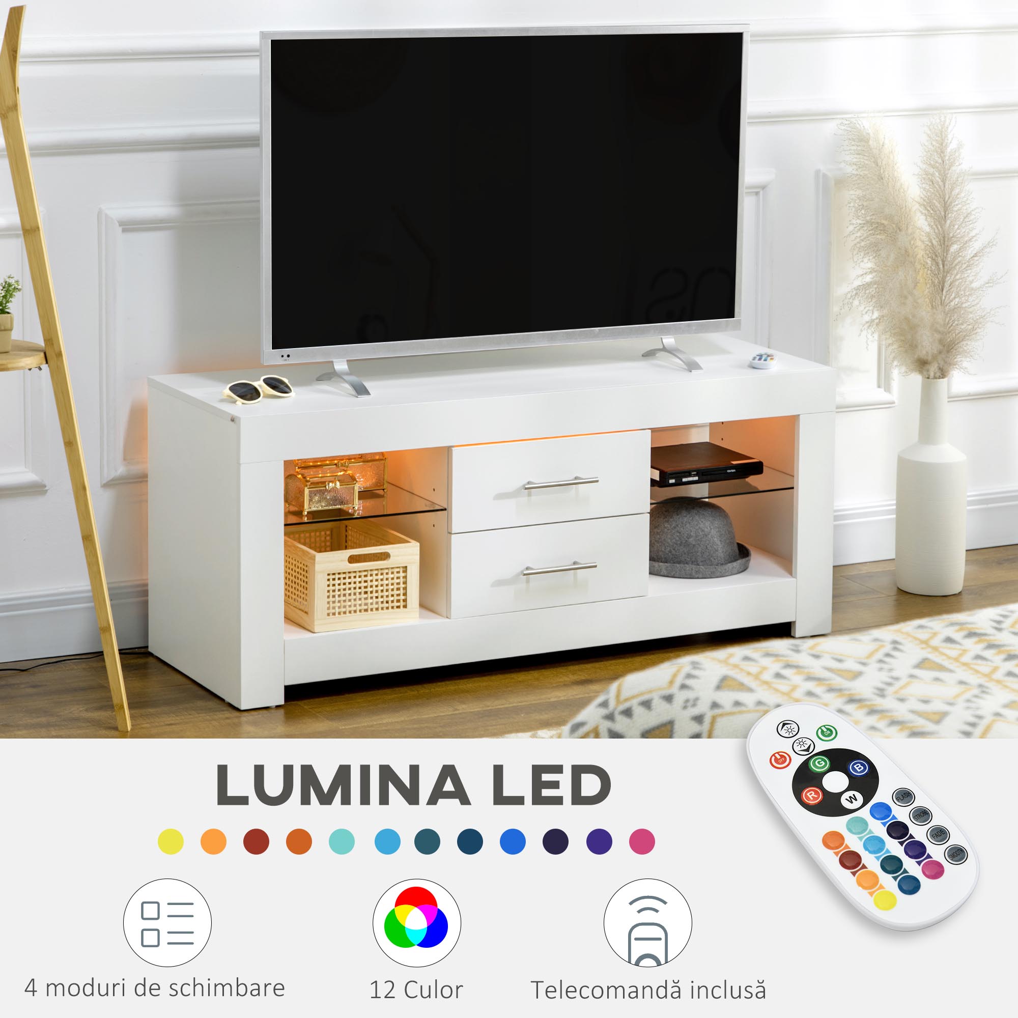 Comoda TV cu LED RGB - 55", Etajere Sticla & Telecomanda, 12 Culori, 10W [3]