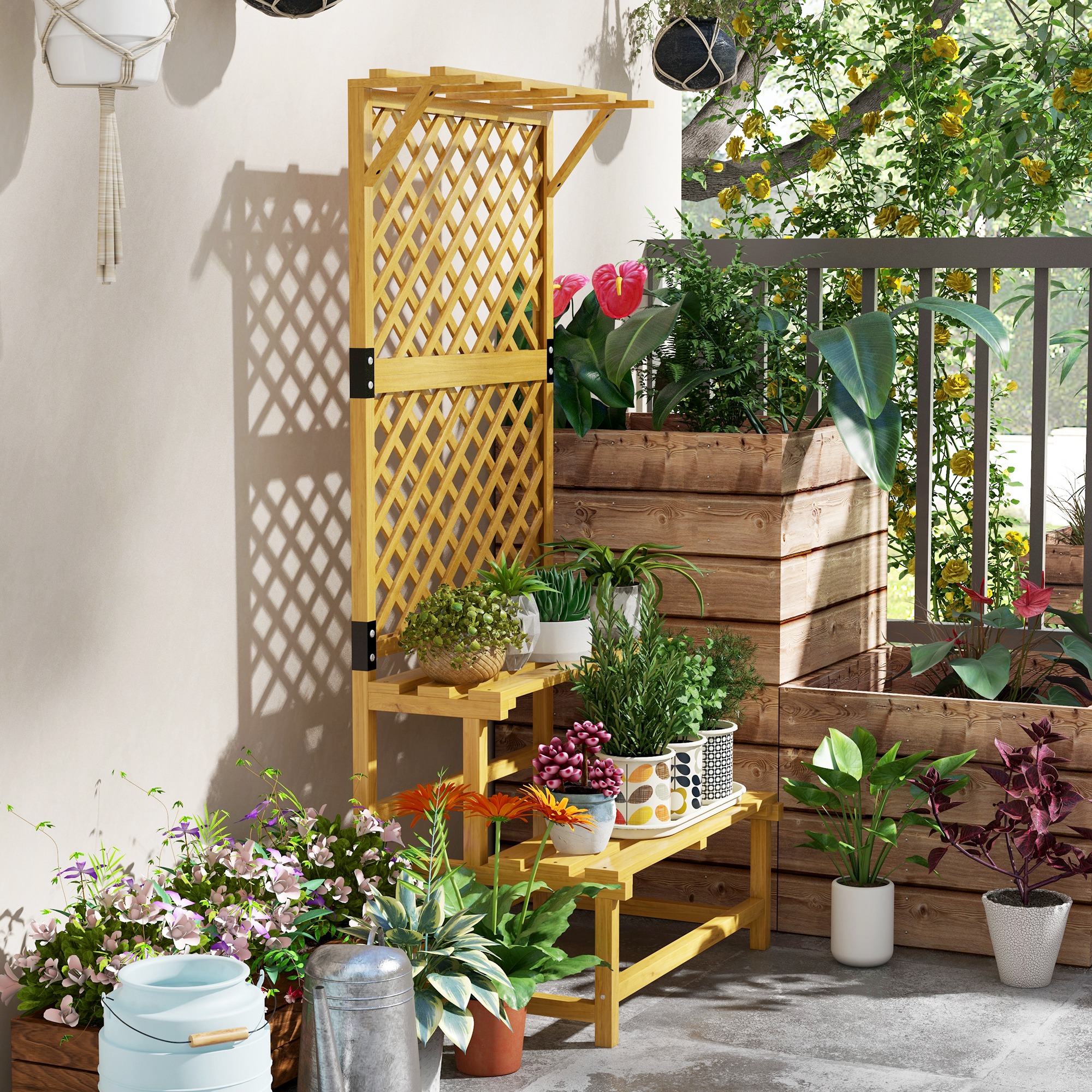  Suport pentru plante, Raft pentru flori, 2 nivele, cu spalier si acoperis, Lemn de brad, 75x50x166 cm, Galben [6]