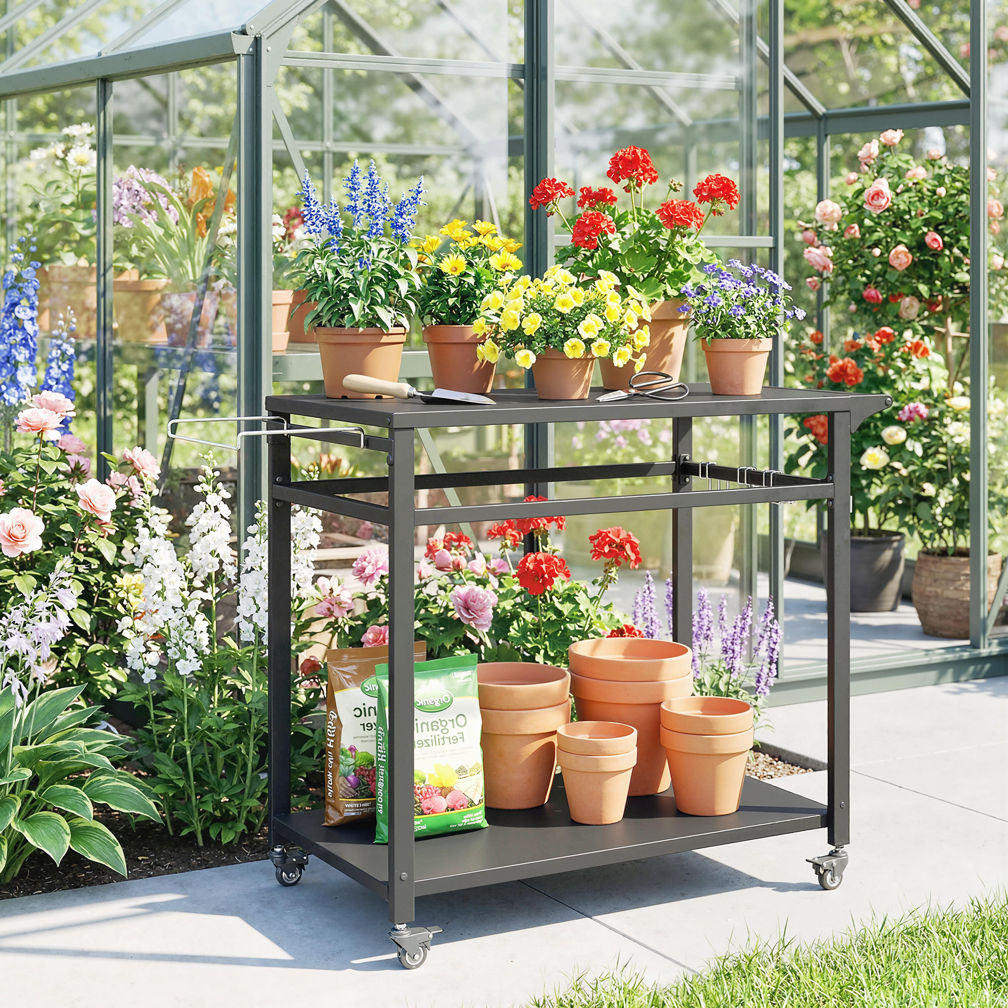  Carucior pentru Gratar, 2 Rafturi, Suport Pizza, Suport Saci si Carlige, Negru. [8]