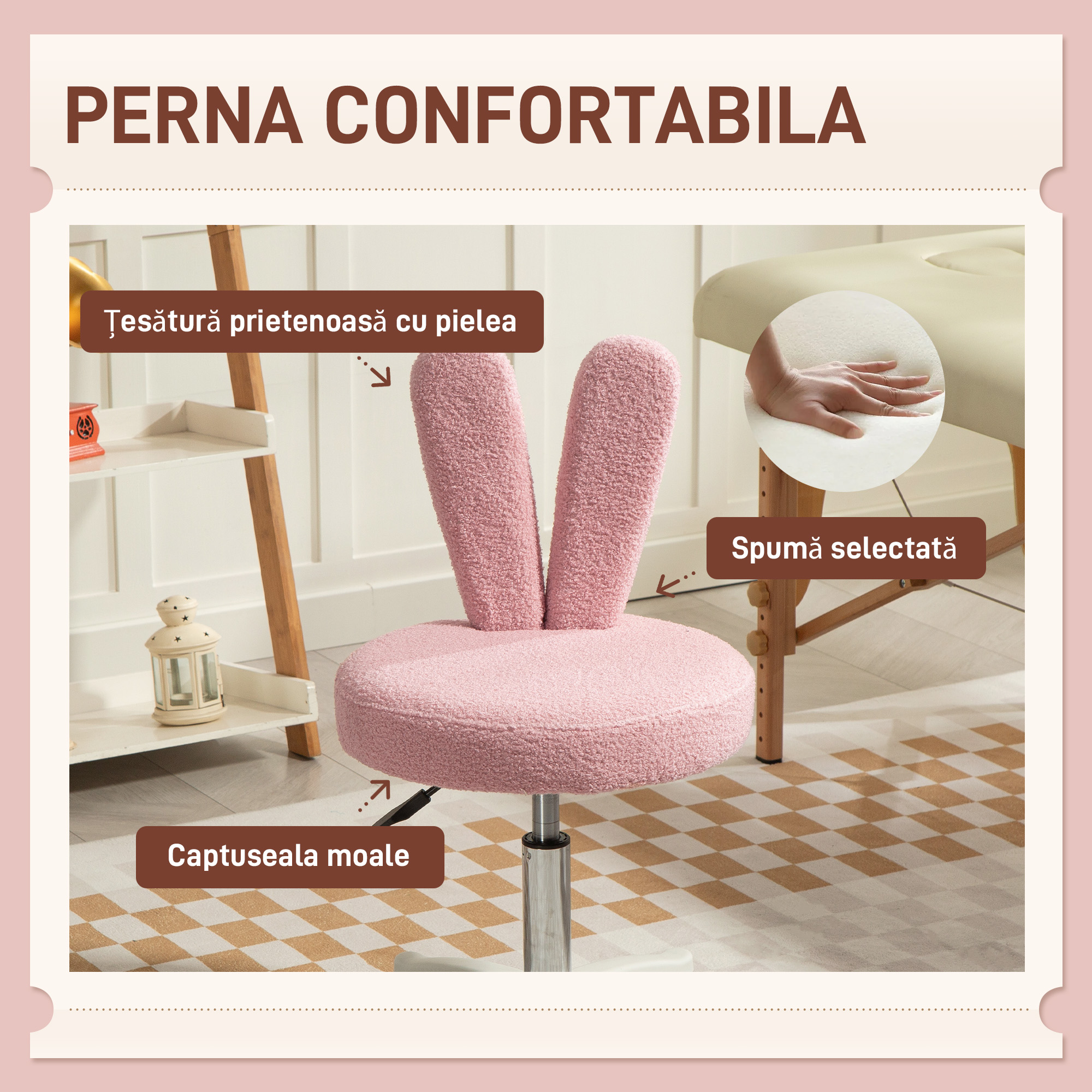  Scaun de Birou cu Urechi de Iepure, inaltime Reglabila si Acoperit cu Plus Teddy Roz, 53x53x70-84 cm [3]