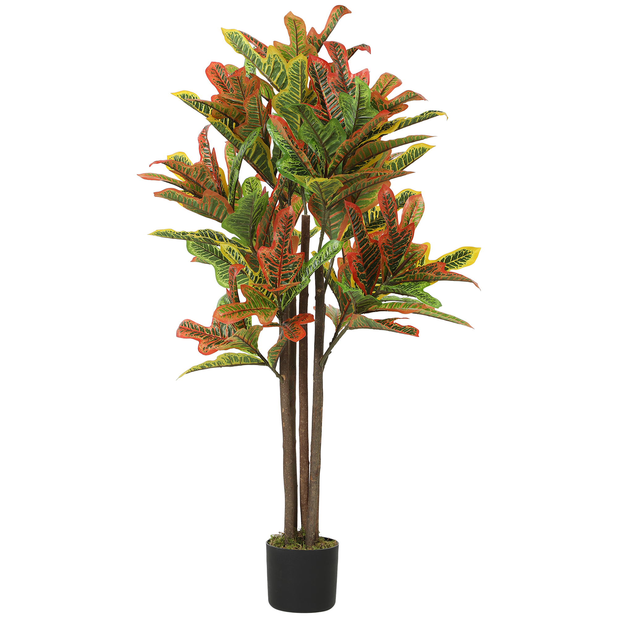Living & hol -  Planta Artificiala Croton cu 139 Frunze Modelabile si Ghiveci Alb din PP si Ciment, Planta Falsa din PEVA si Lemn, 55x55x120 cm, Multicolor