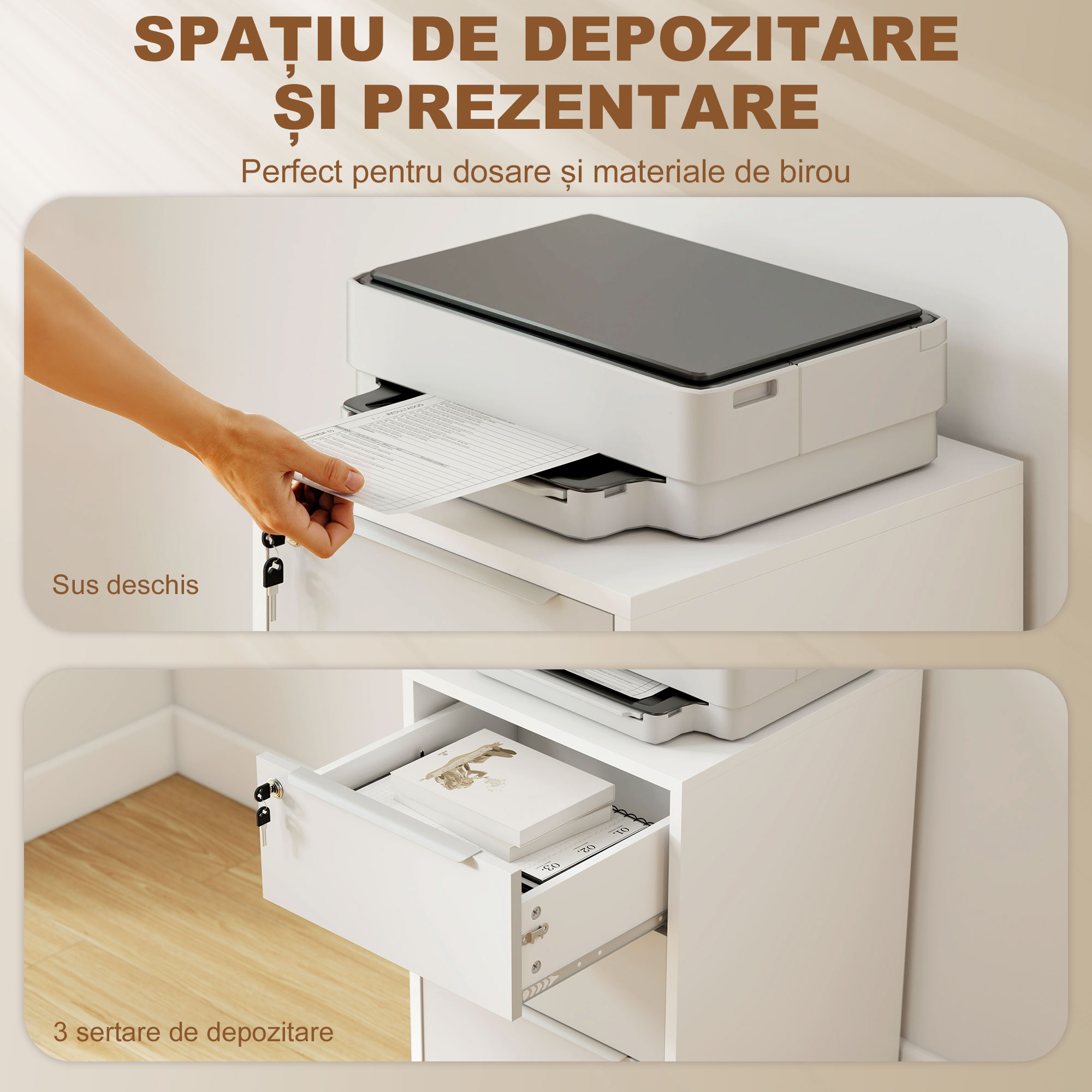  Schedario per Ufficio a 3 Cassetti con Chiavi di Sicurezza e 4 Ruote, in Legno, 40x40x63.5 cm, Bianco e Grigio [3]