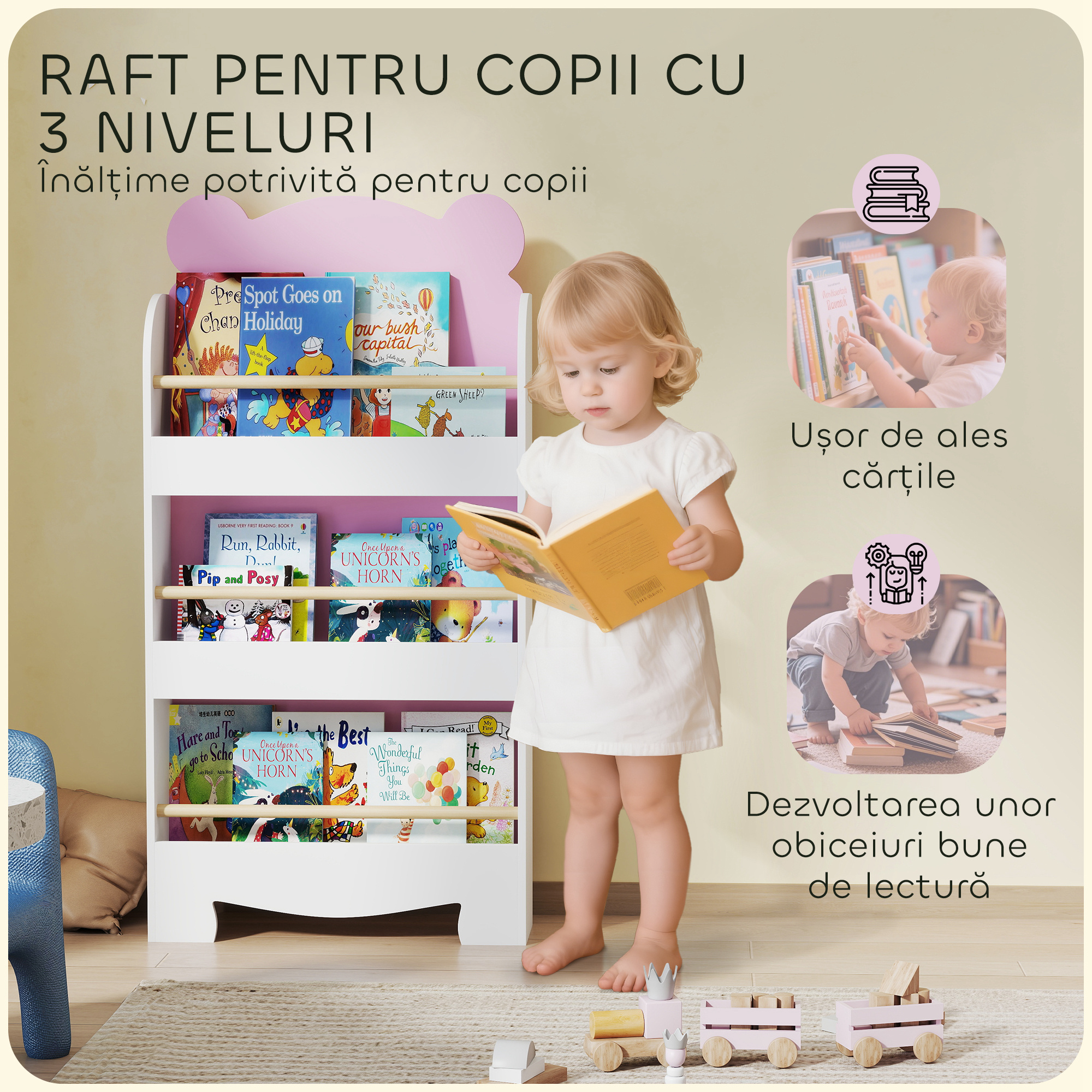  Biblioteca pentru Copii 3 Rafturi in Forma de Ursulet 55x15x110 cm, Roz [3]