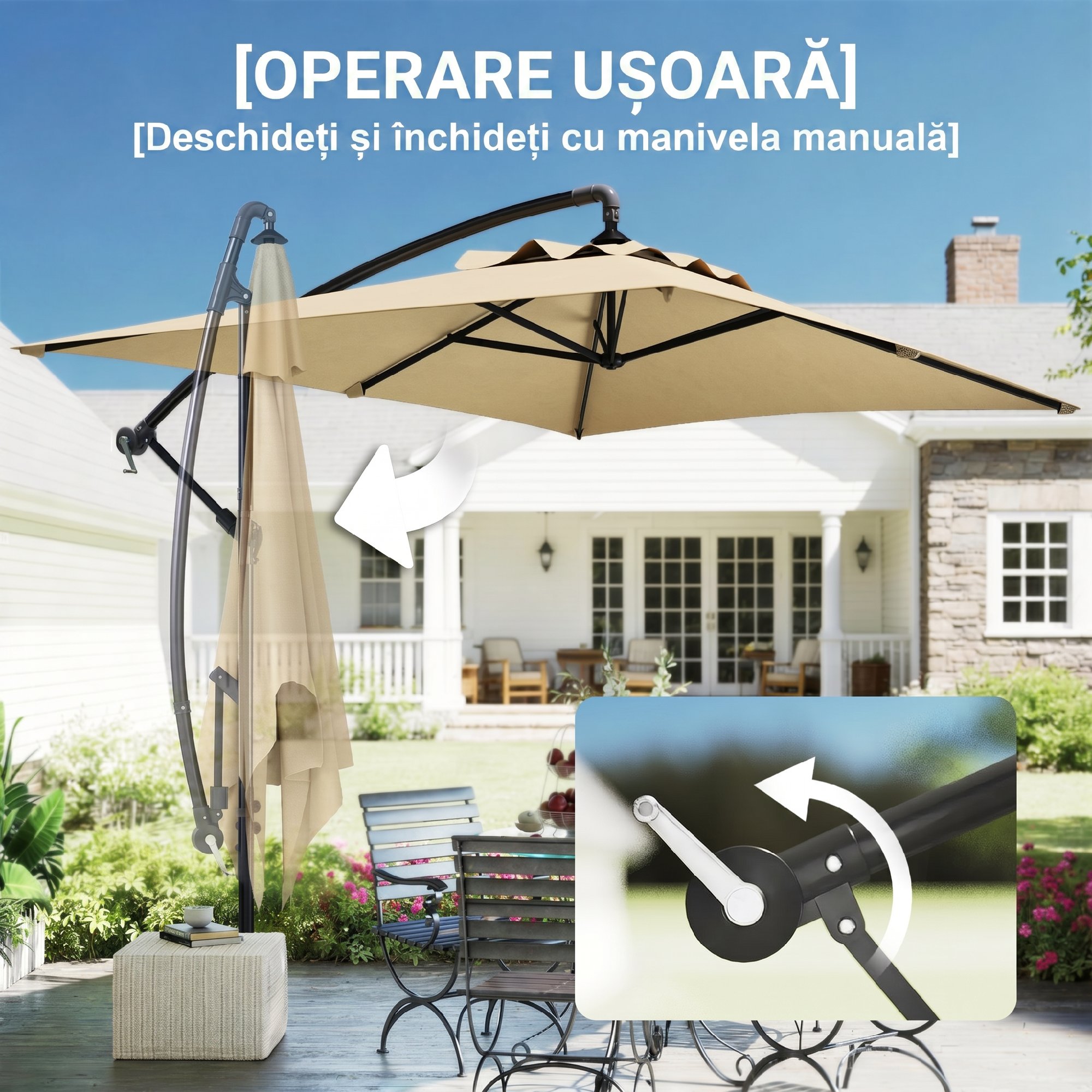  Umbrela de gradina suspendata cu baza in cruce si deschidere cu manivela, 294x193cm, bej [5]