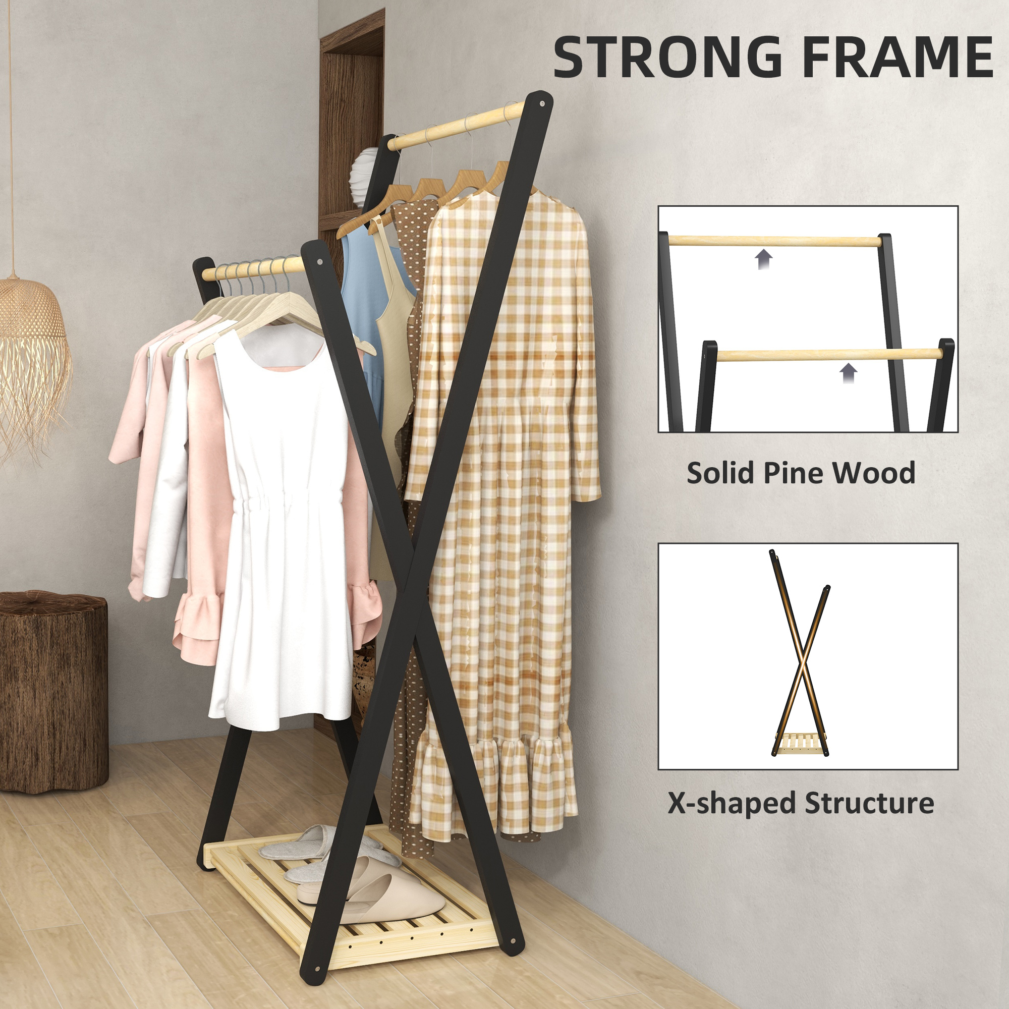  Cuier de Podea din Lemn cu 2 Bare, Suport pentru Haine Autoportant Modern cu Raft Inferior, 61x45x152 cm, Natural [4]