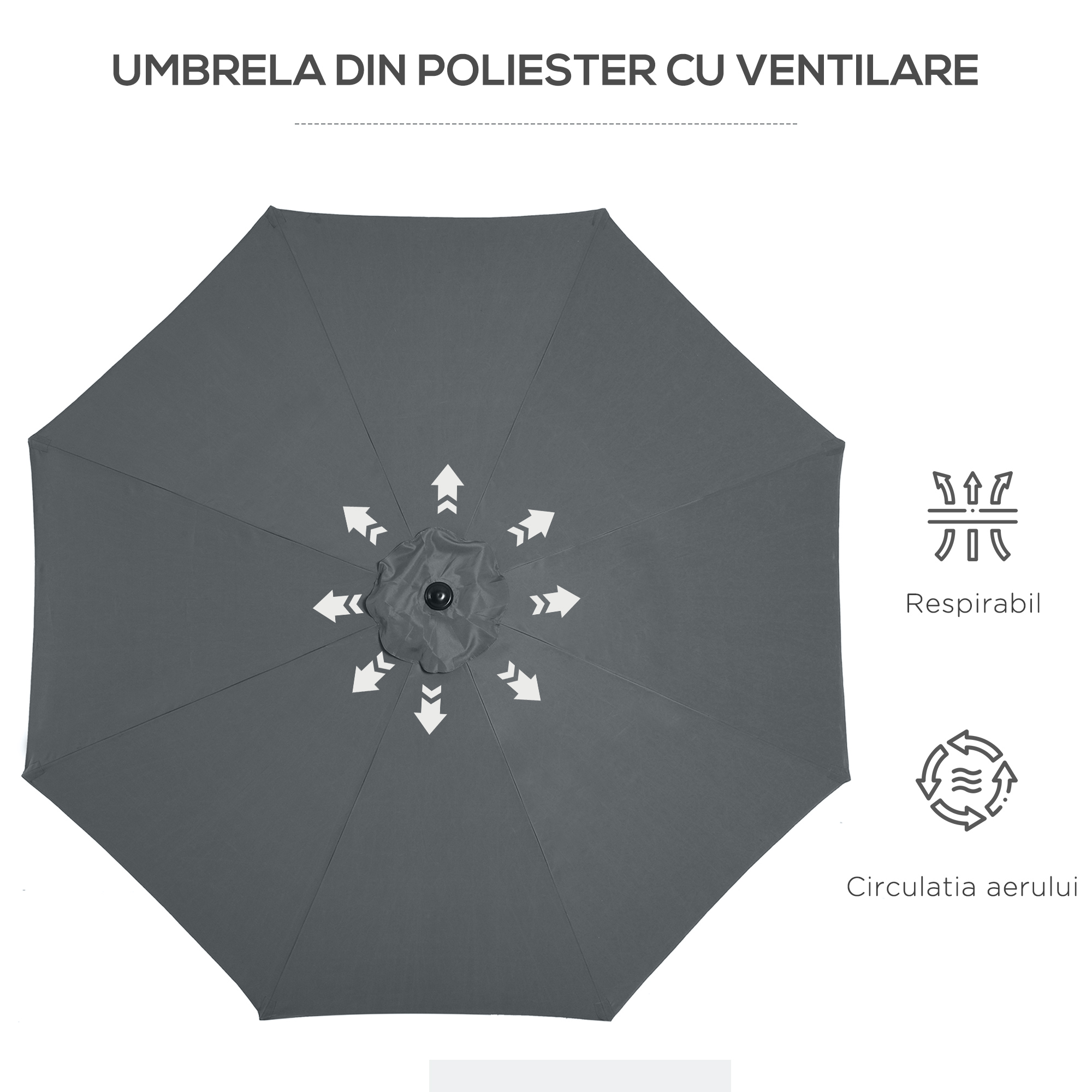  Umbrela Rotunda de 300x250cm cu Manivela si Functie de inclinare, Umbrela de Gradina, Terasa, Exterior, Metal si Poliester Gri inchis [7]