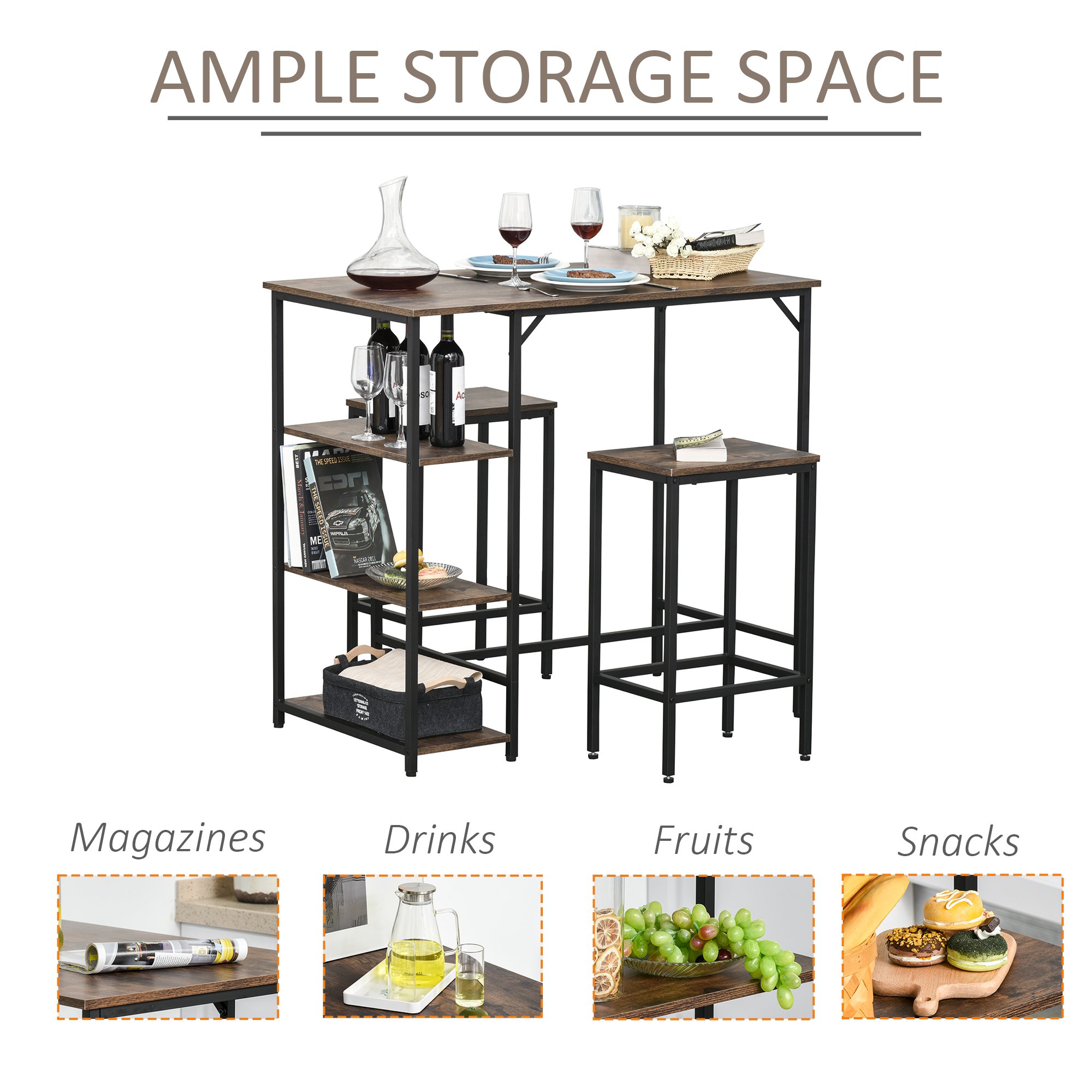  Set masa Inalta cu 2 Taburete si Raft Stil Industrial din Metal si Lemn [4]