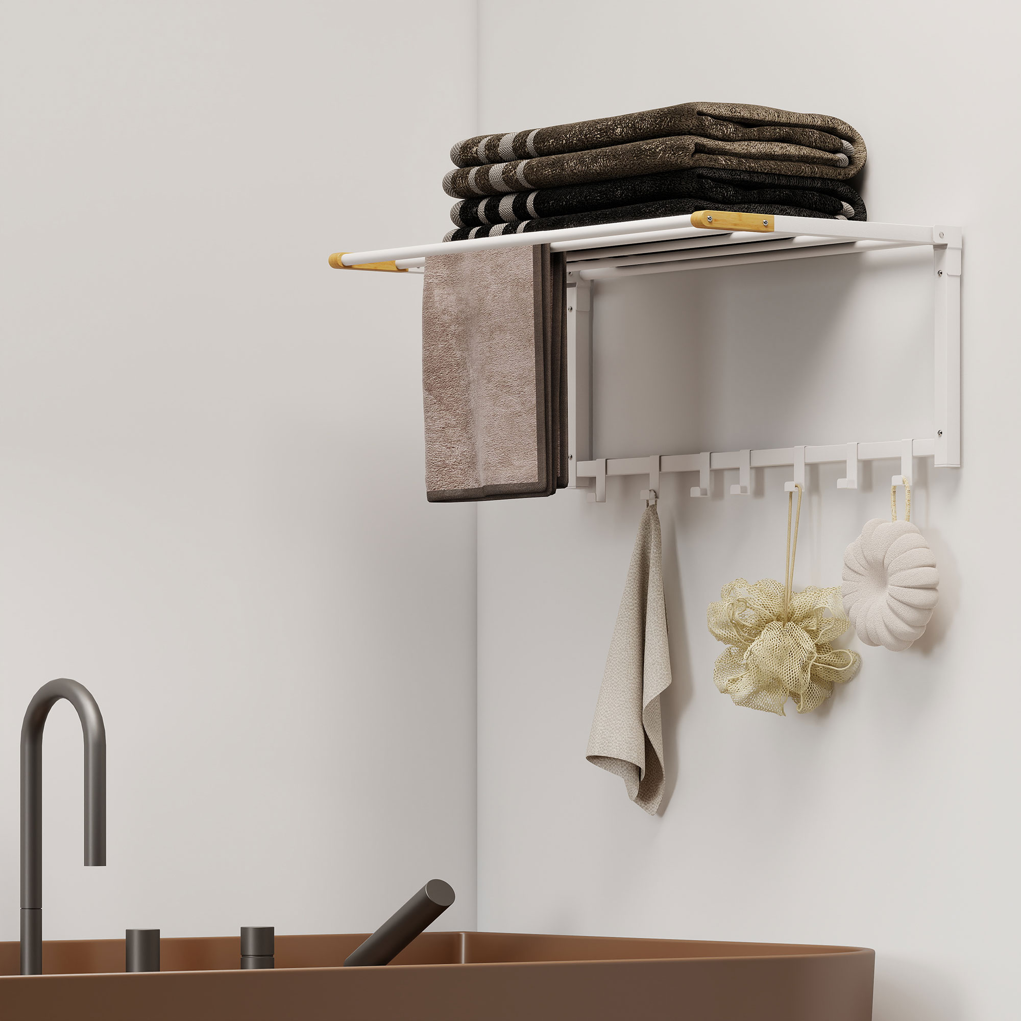  Suport de Prosoape de Perete Pliabil cu 5 Bare si 6 Carlige din Lemn si Otel [7]