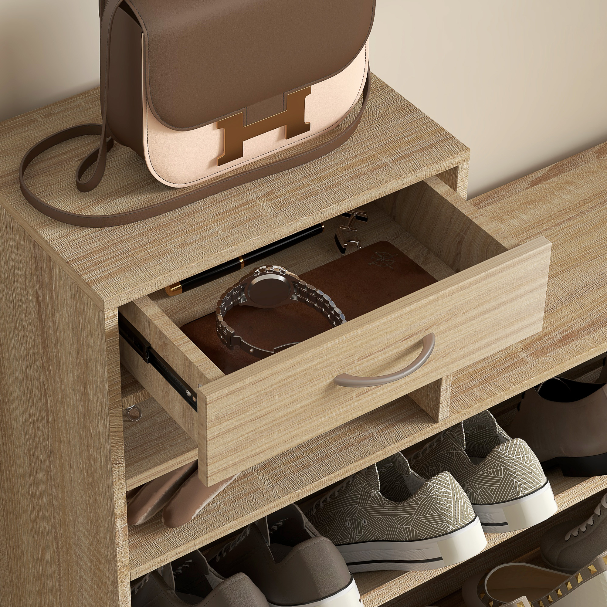  Set Mobilier cu 2 Rafturi Reglabile, 90x24x177 cm, Lemn Natural [7]