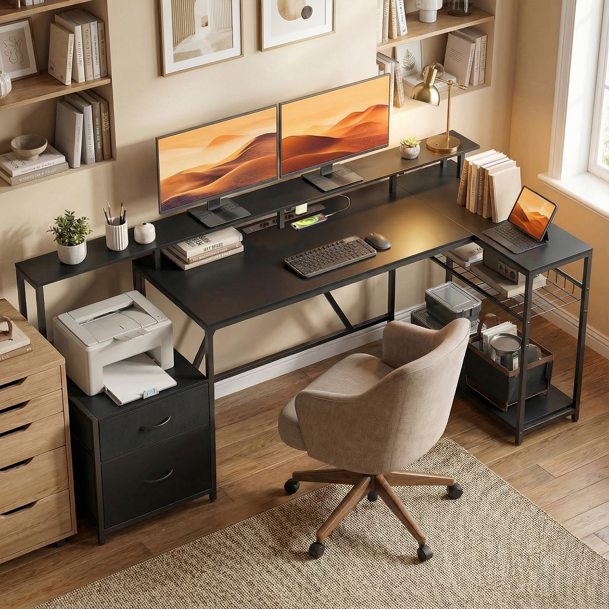  Birou Gaming Reversibil in Forma de L cu LED, 192,5cm Birou Coltar cu Prize Electrice, Suport Monitor si CPU, 2 Sertare din Material Textil pentru Documente A4/Legal, pentru Casa Birou Studio, Negru [8]