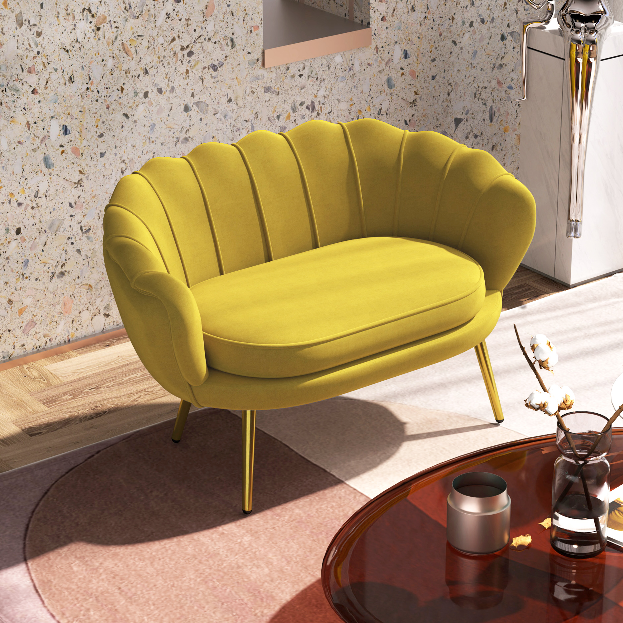  Canapea Moderna de 2 Locuri cu Brate si sezut Captusit, pentru Dormitor si Sufragerie, 130x77x77 cm, Galben [8]