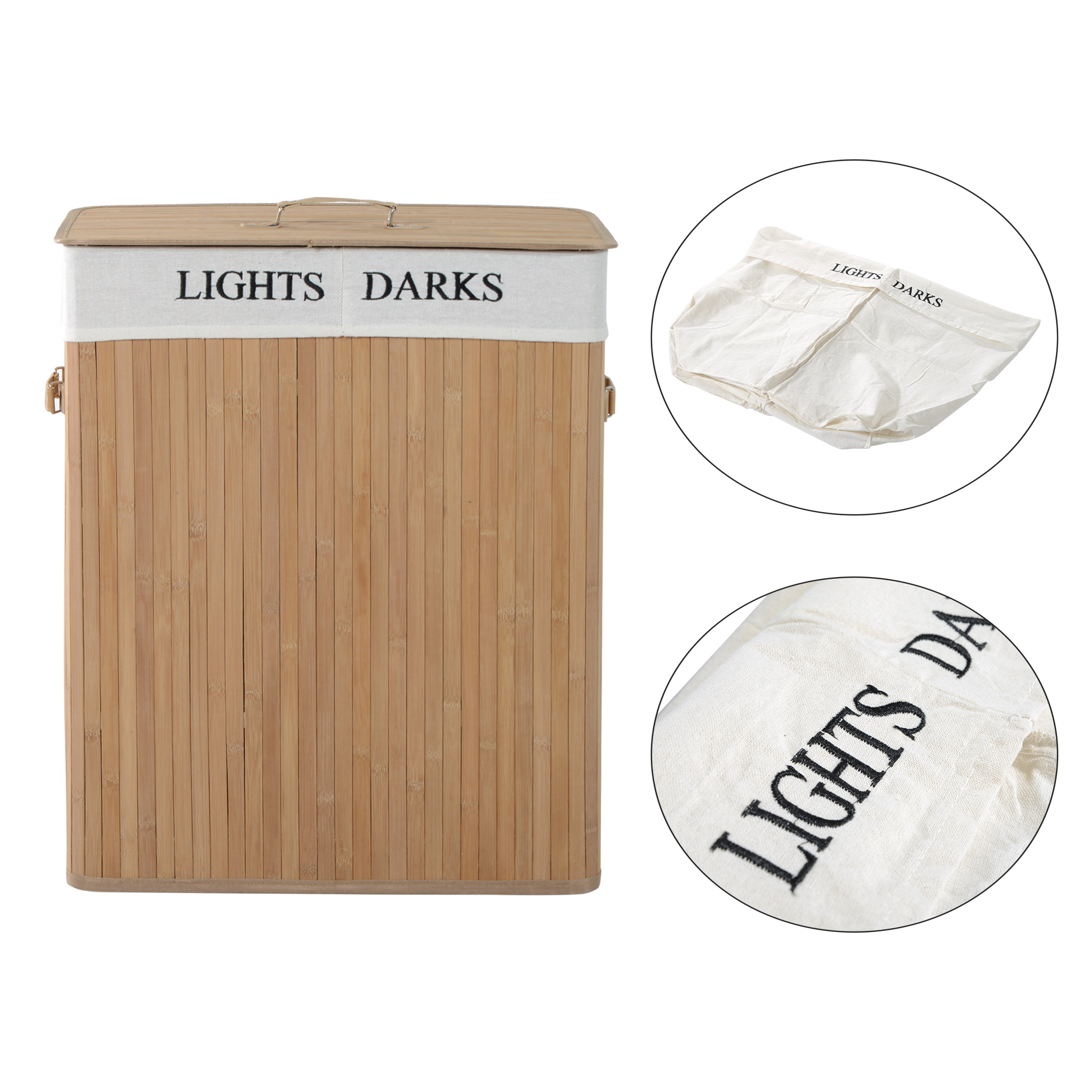  Cos de rufe din bambus cu capac si captuseala detasabila, natural, 52x32x63cm [7]