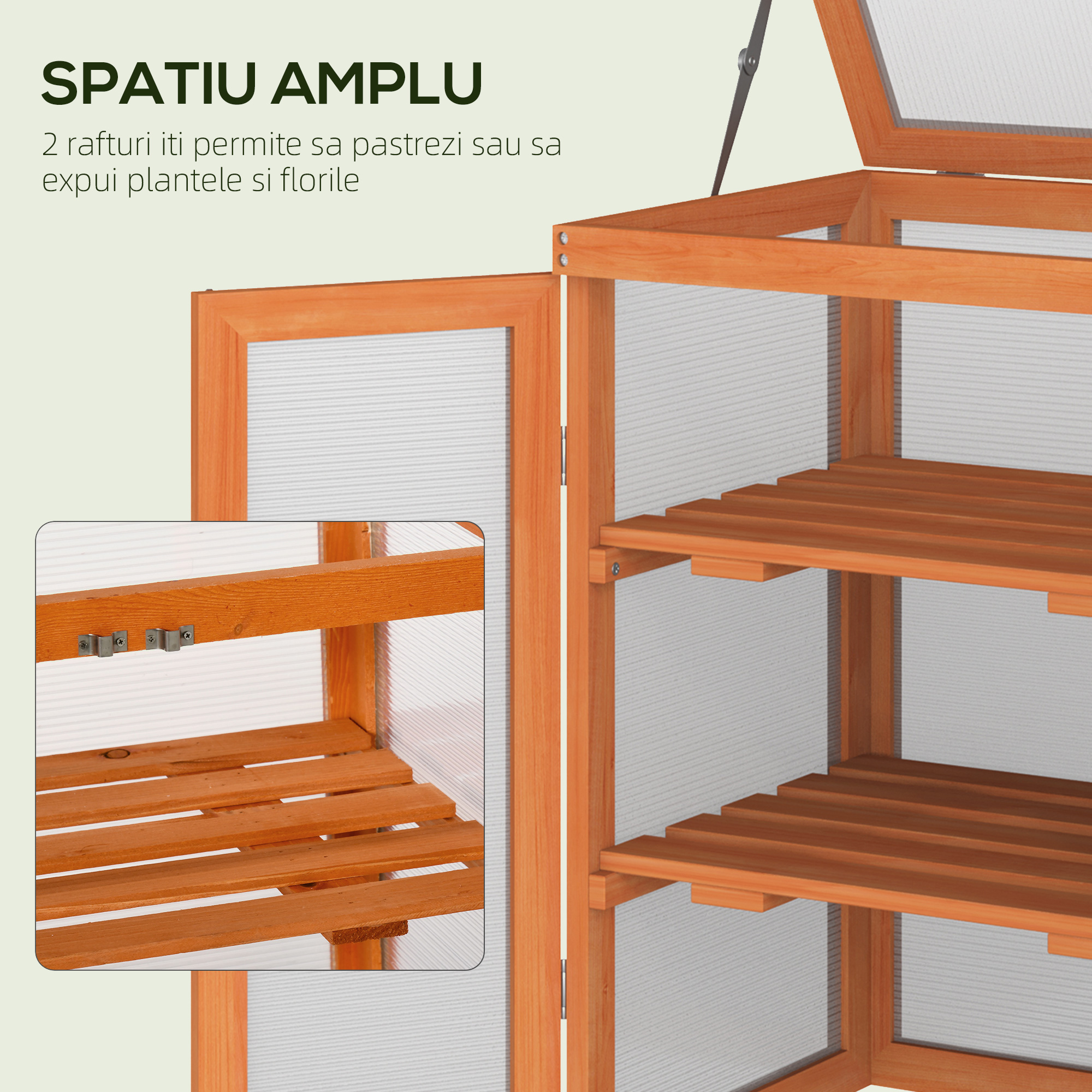  Mini Sera de Gradina cu 3 Etajere din Lemn de Brad si Policarbonat, Deschidere Laterala si Frontala, 58x44x78cm, Portocaliu [6]