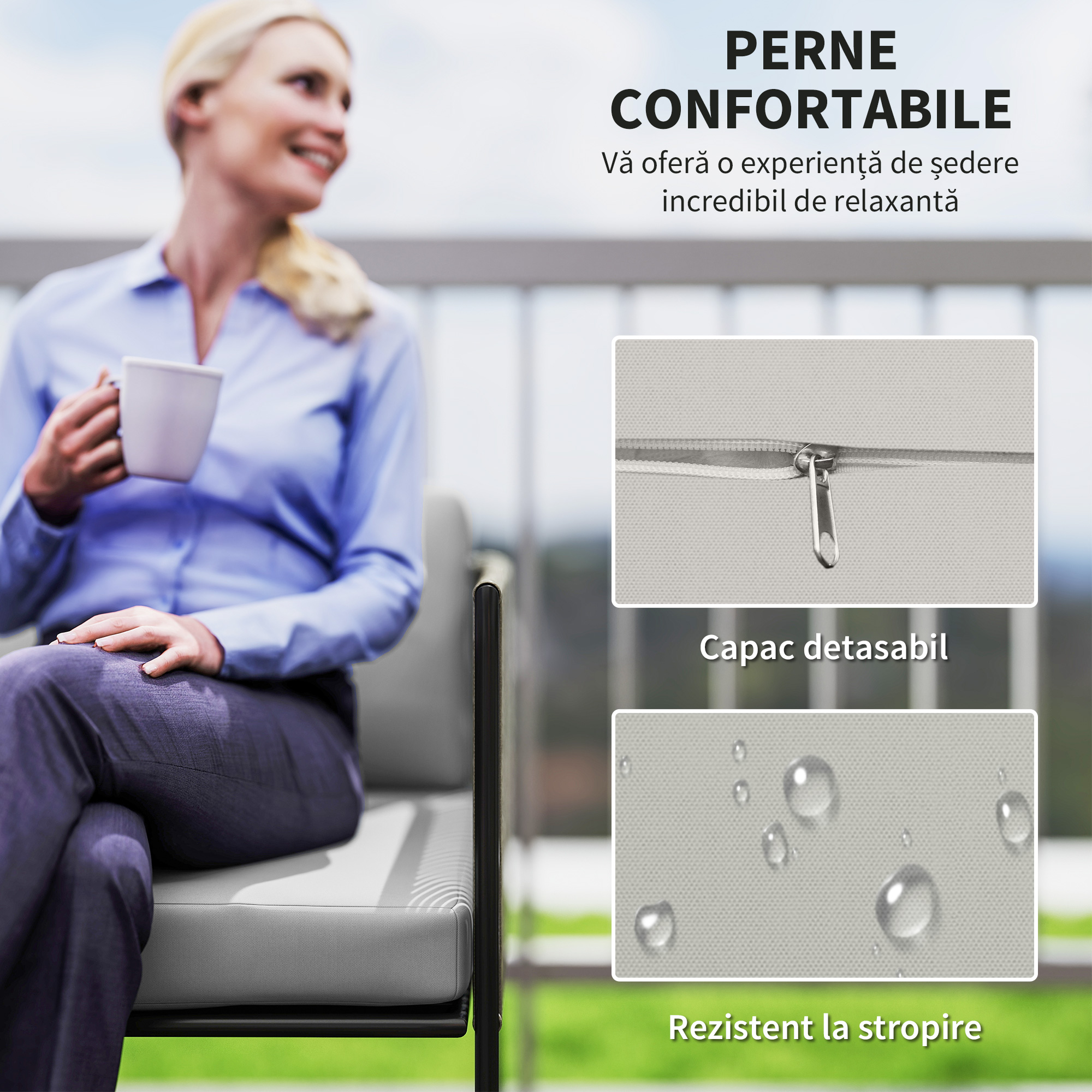  Set de Gradina din Ratan cu Canapea de 2 Locuri, 2 Fotolii si Masuta cu Sticla, Perne Detasabile, Gri [5]