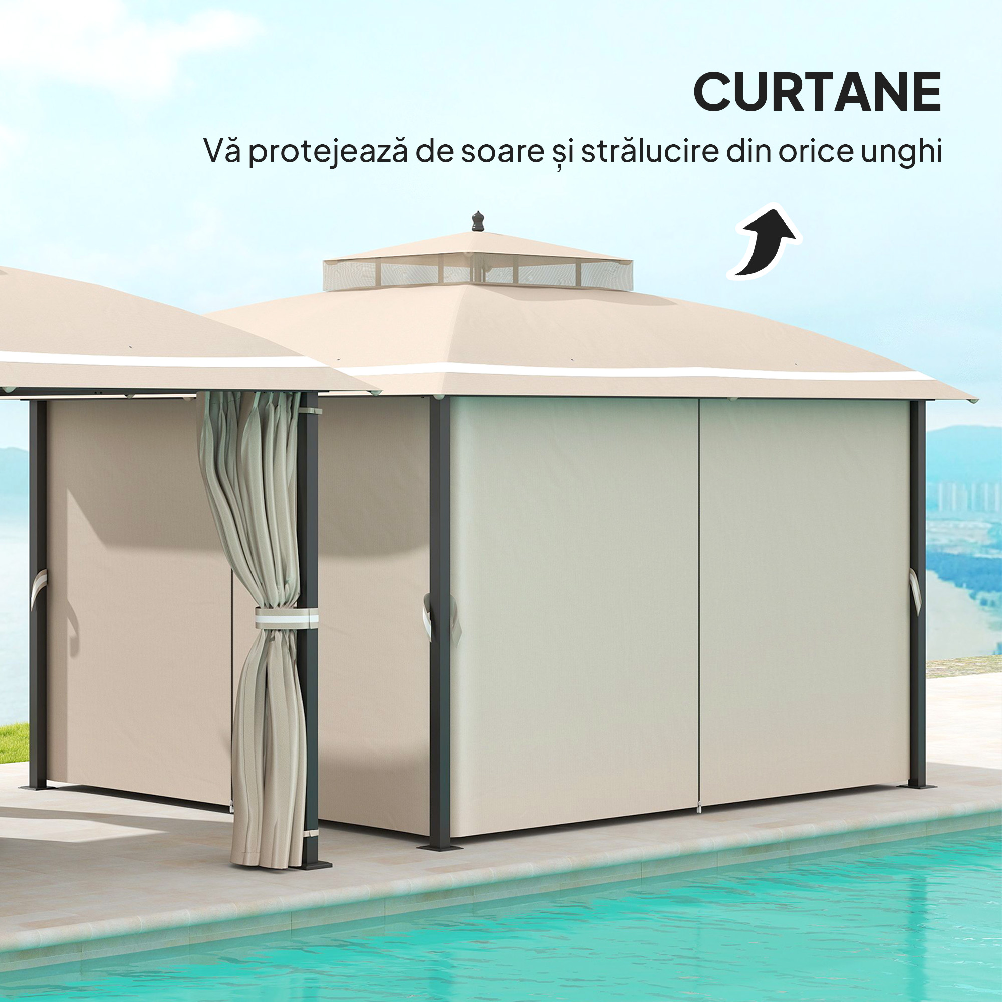  Pavilion pentru Exterior cu Baldachin, Acoperis Dublu, Plasa si Draperii, 370x303x290 cm, Bej [4]