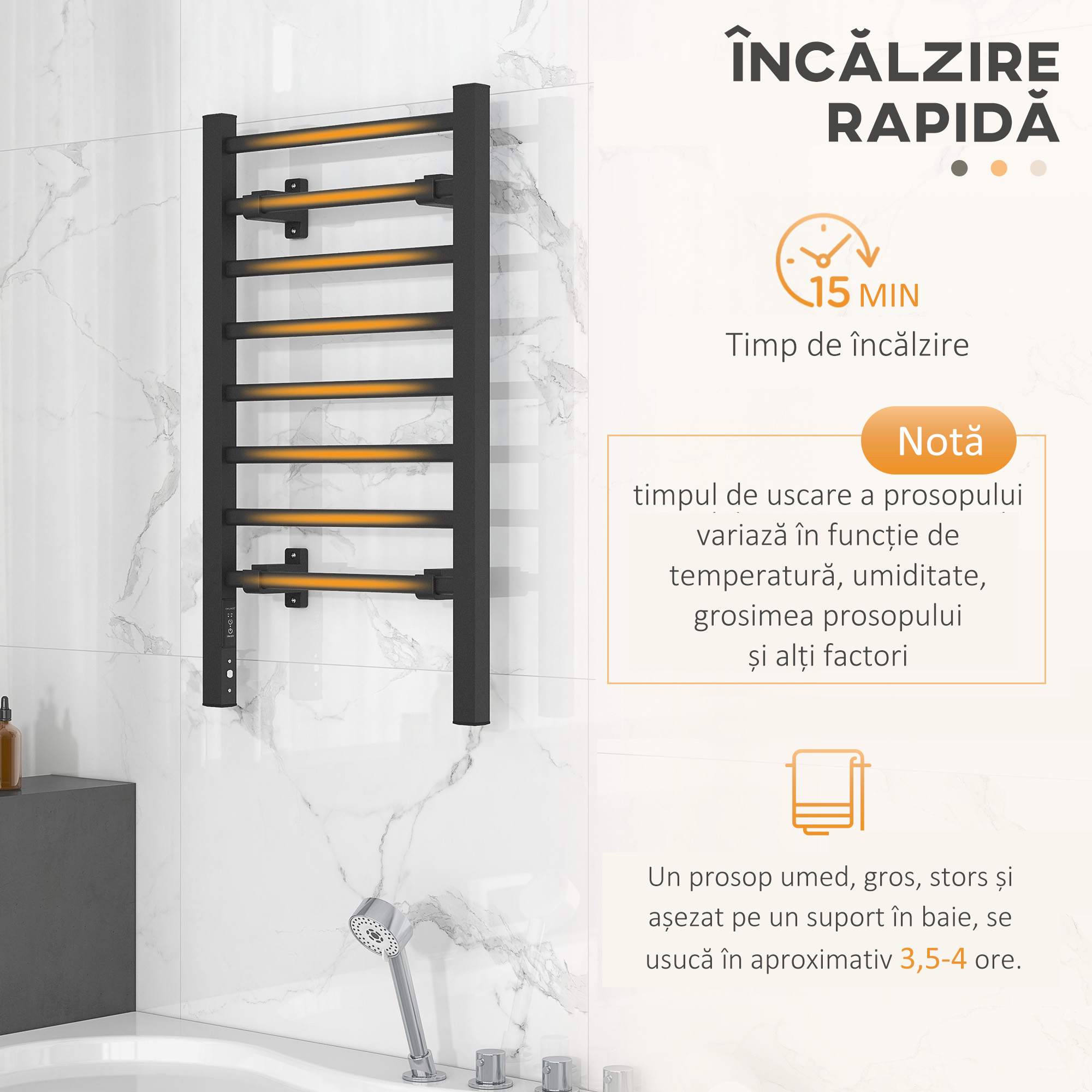  Uscator Electric de Prosoape, Cuier incalzit cu 8 Bare si Temporizator de 2 sau 4 Ore, 53x35x90 cm, Negru [5]