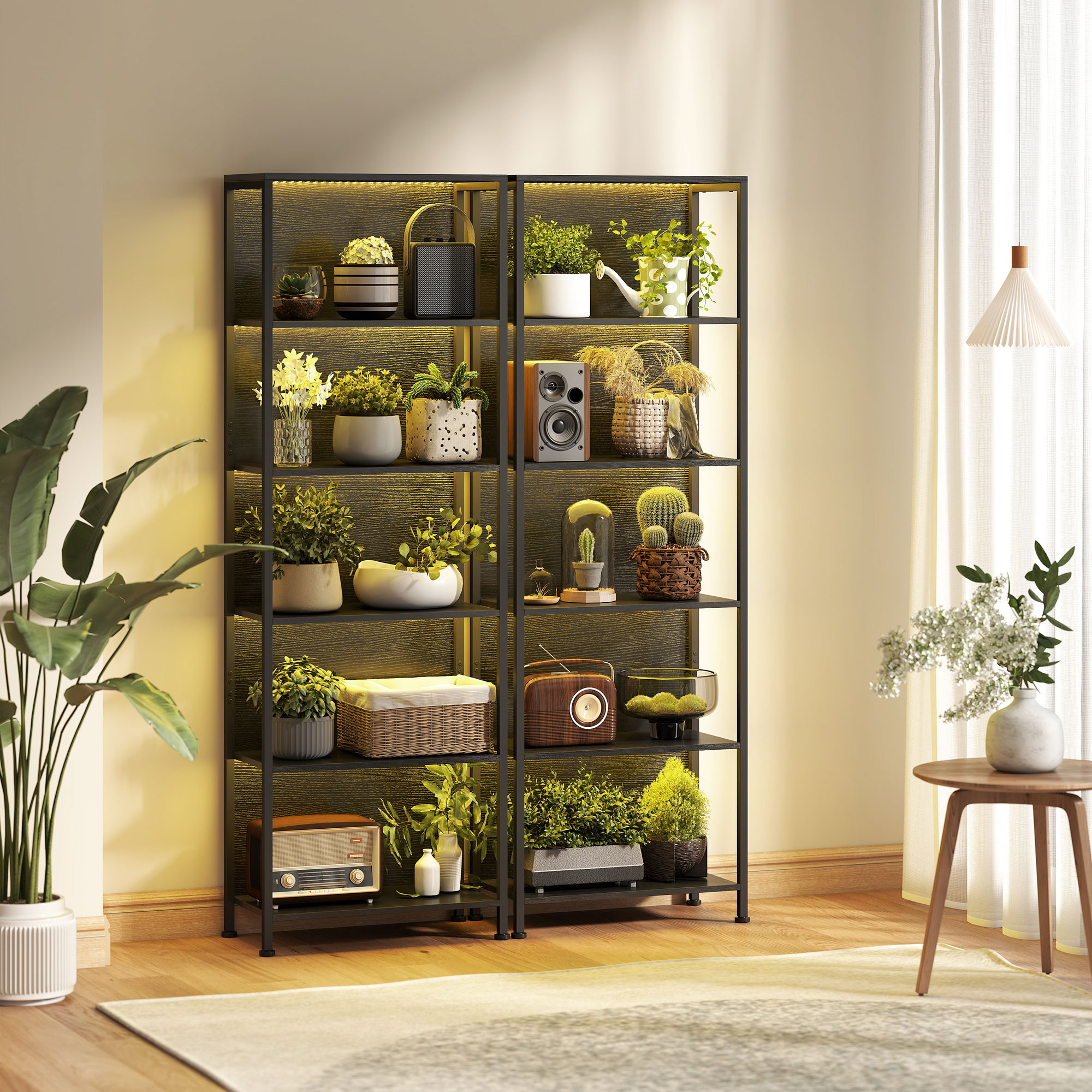  Biblioteca Industriala cu 5 Rafturi si Iluminare LED, din Metal si Lemn, 60x30x179 cm, Negru [8]