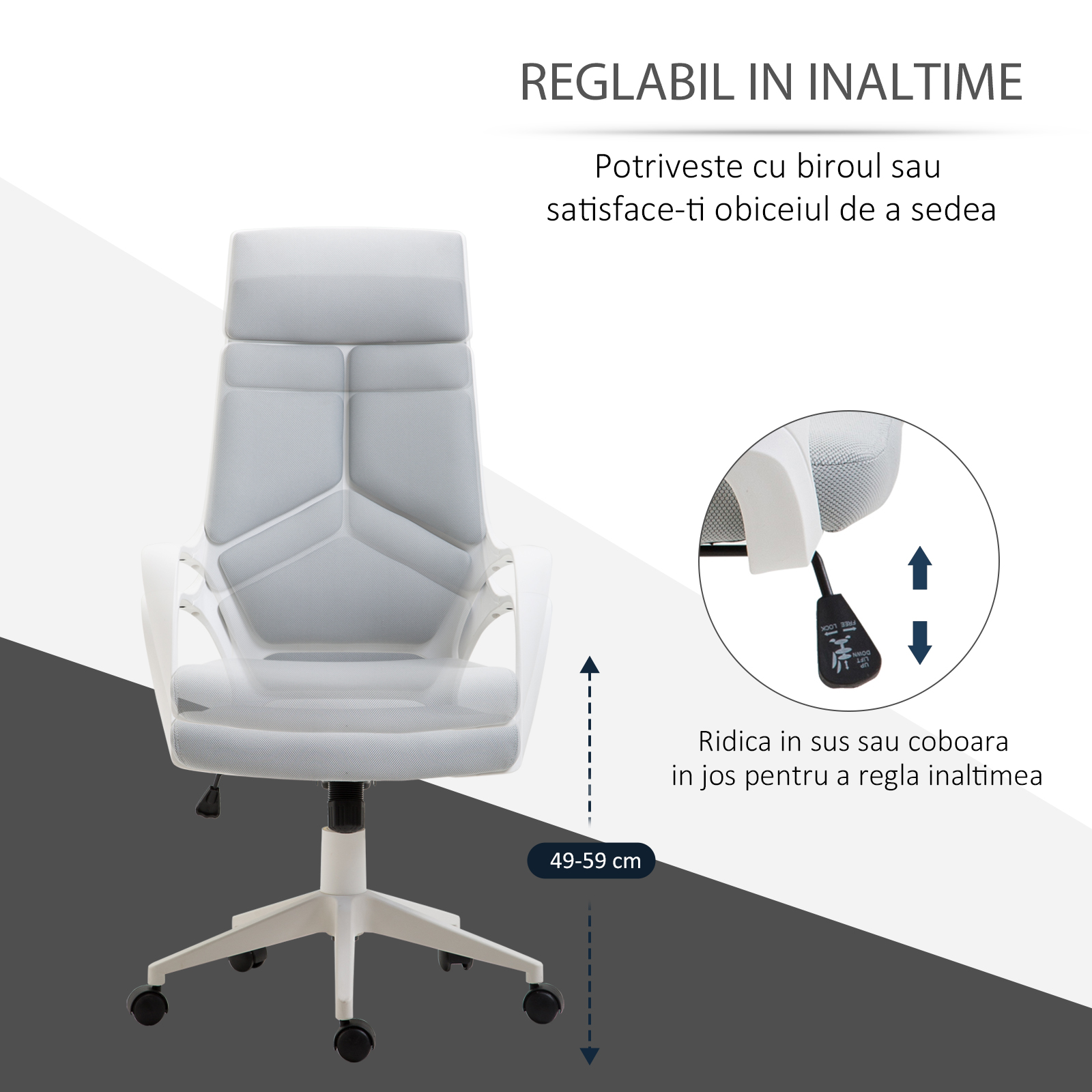 Scaun Ergonomic Birou - Mesh Gri, Reglabil & Pivotant 360° [3]