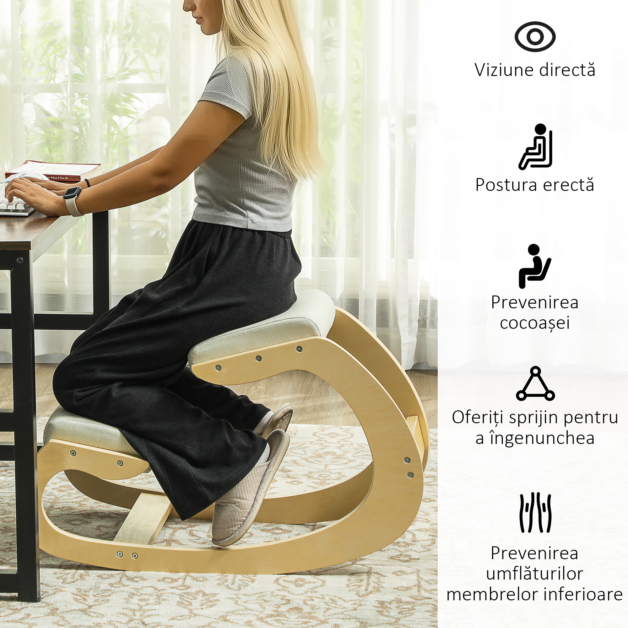  Scaun pentru Genunchi cu Miscare de Leganare, Scaun Ergonomic Postural din Material Textil, 55x85x55 cm, Alb Crem [4]