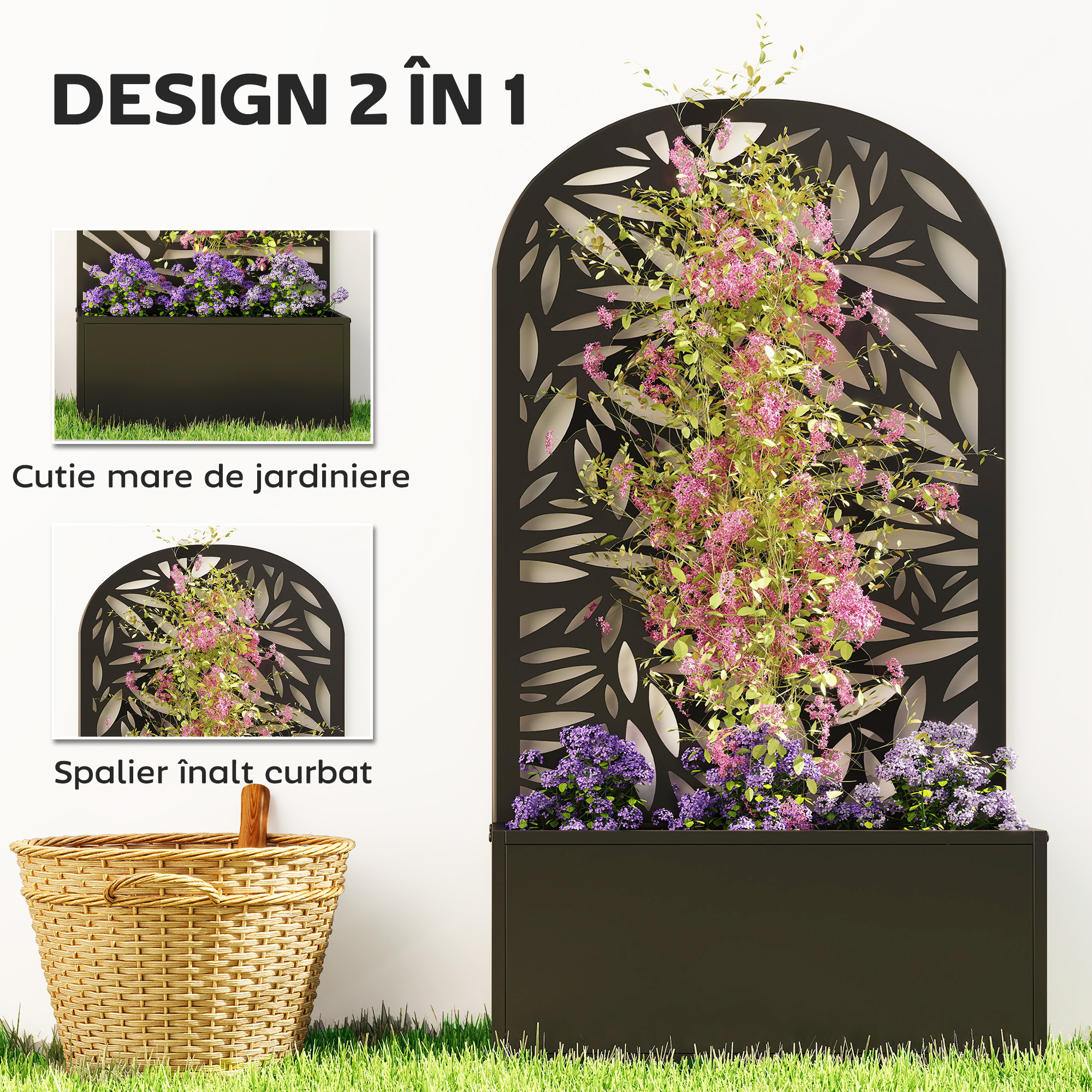  Jardiniera Elevata de Exterior, Jardiniera cu Suport Decorativ Arcuat cu Motive de Frunze pentru Plante Cataratoare din Metal, Montare pe Perete sau Independenta, pentru Plante si Flori, 61x23x113 cm [3]